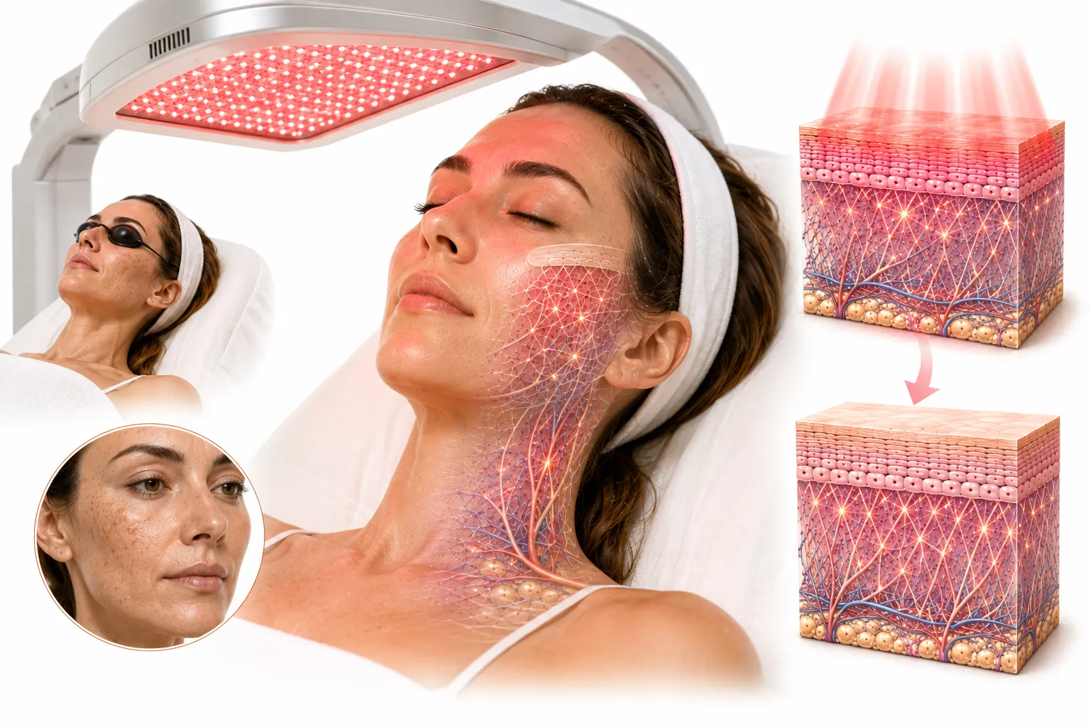 Diagram of red light wavelengths penetrating skin to stimulate cellular activity