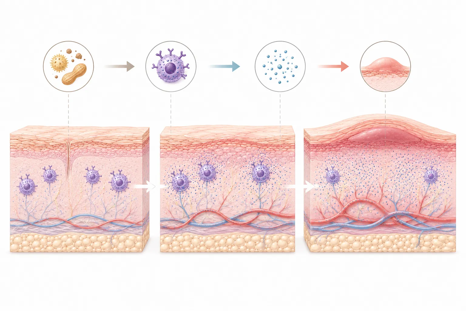 Diagram showing how sensitive skin can lead to hives through barrier compromise and histamine response