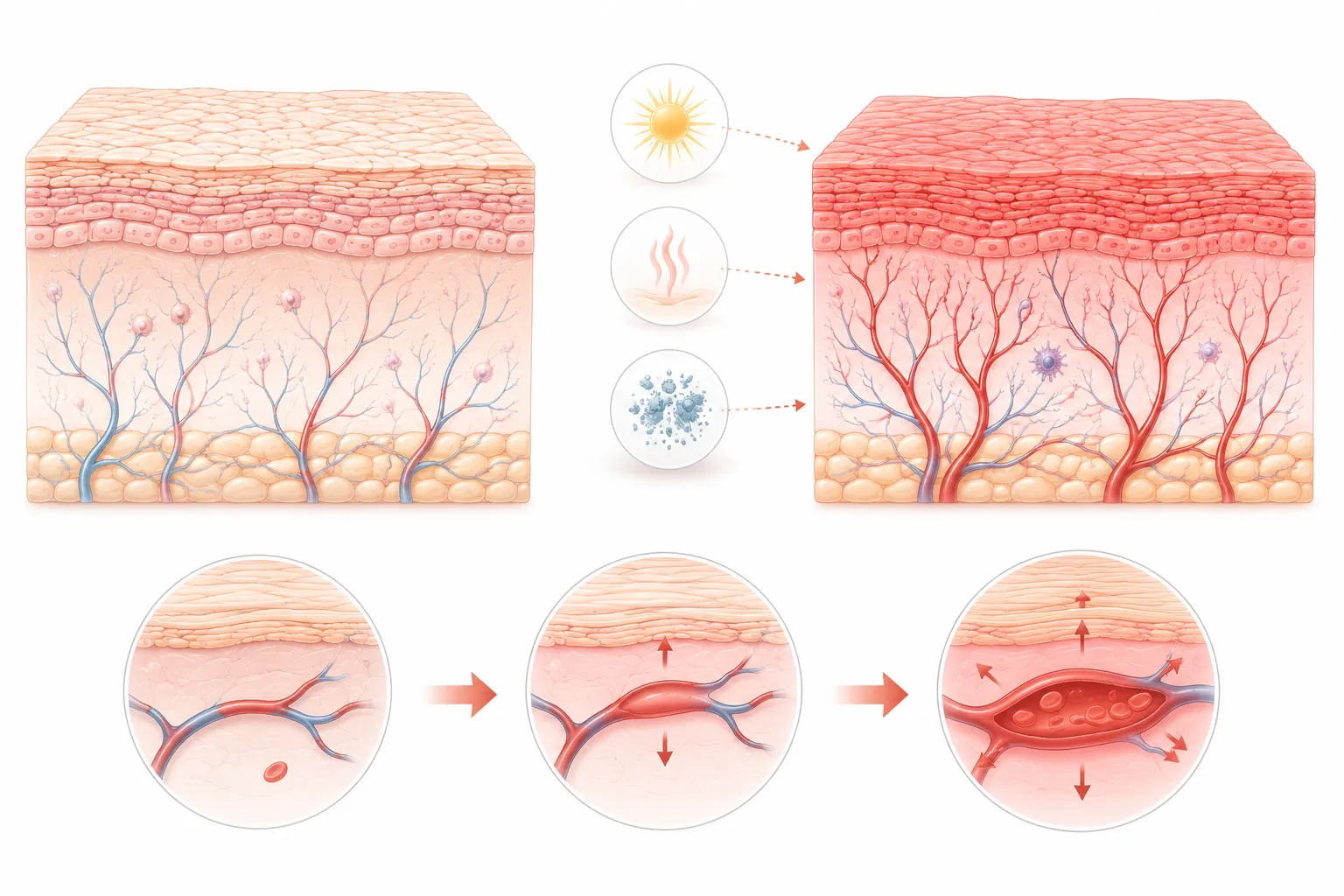 Diagram showing why sensitive skin gets red easily: barrier compromise and vascular reactivity