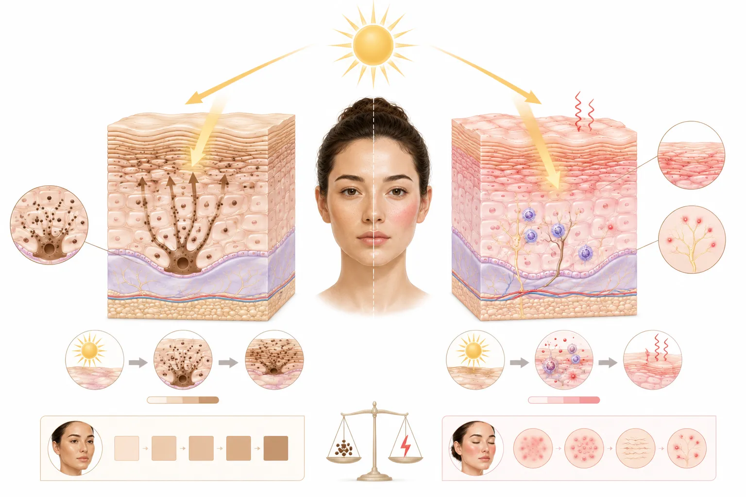 Diagram showing melanin production and UV damage in sensitive versus normal skin