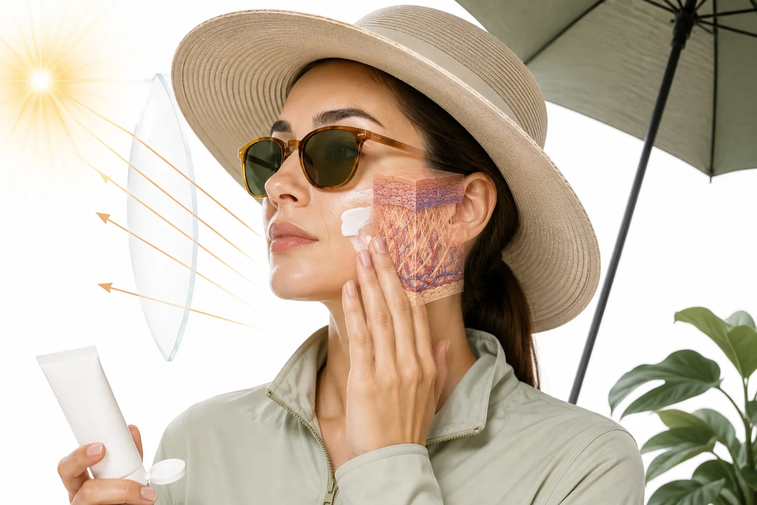Person applying sunscreen outdoors with protective clothing