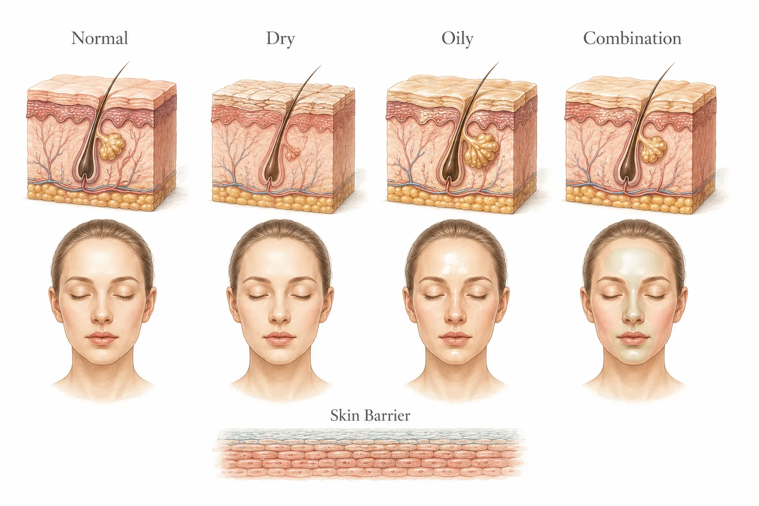 Diagram of the bare-face skin type test steps