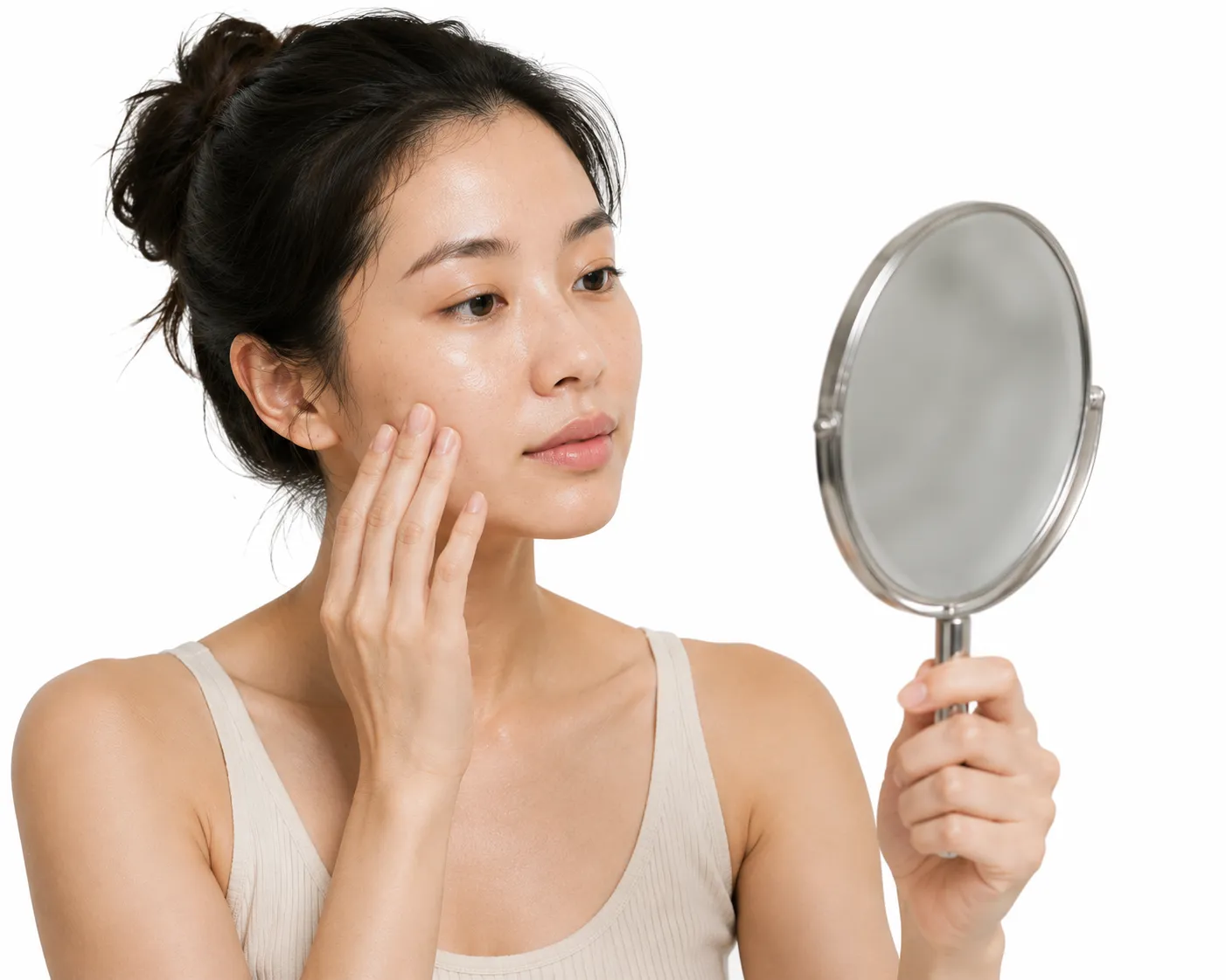 Illustration of someone examining their skin in a mirror