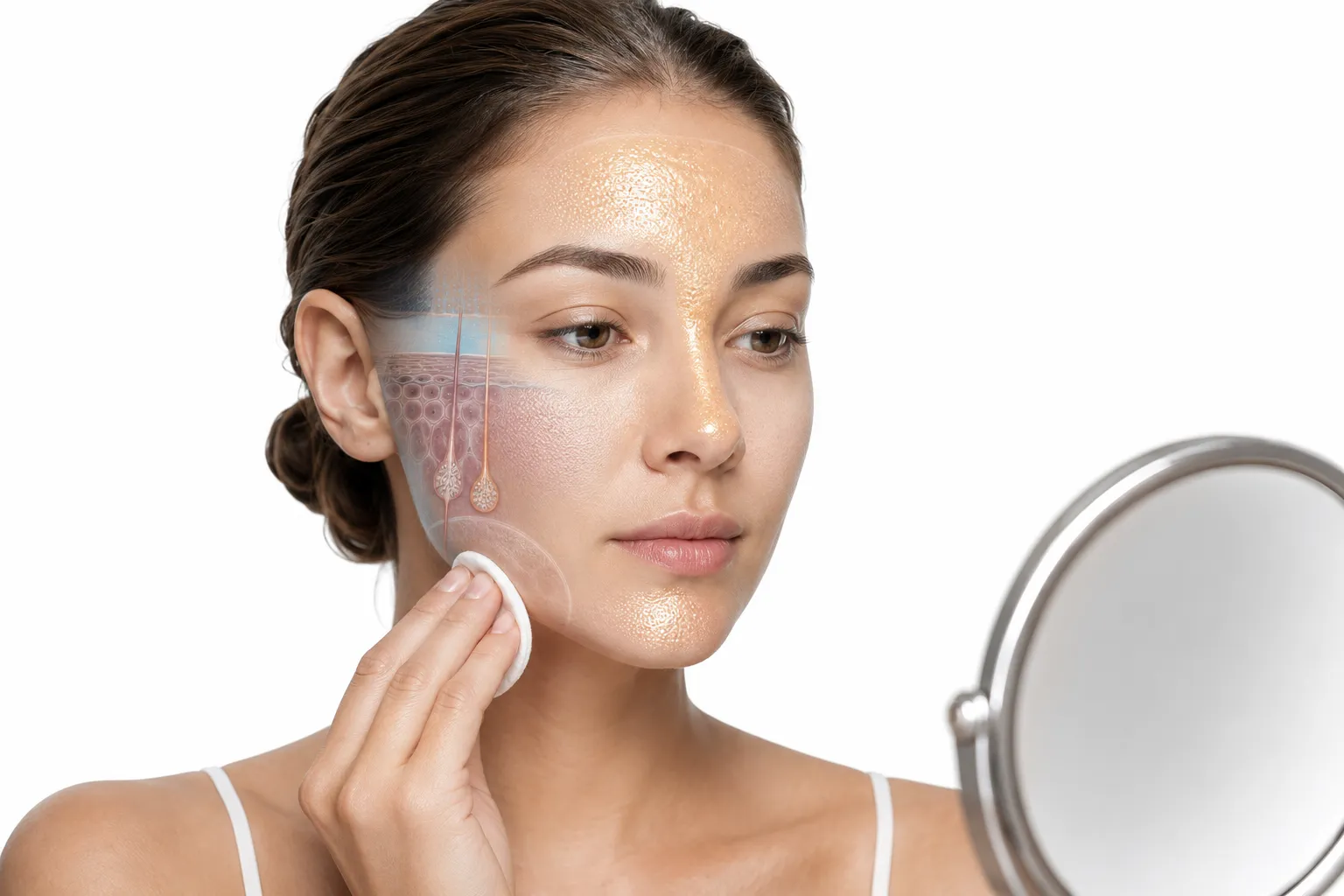 Woman examining her face in mirror, checking T-zone and cheeks