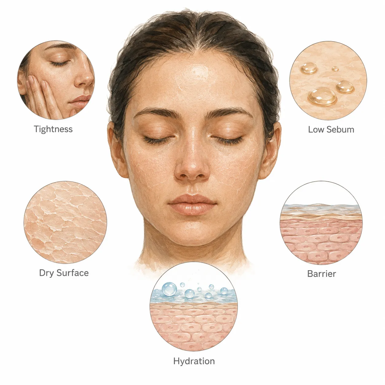 Diagram showing compromised skin barrier and low sebum production in dry skin