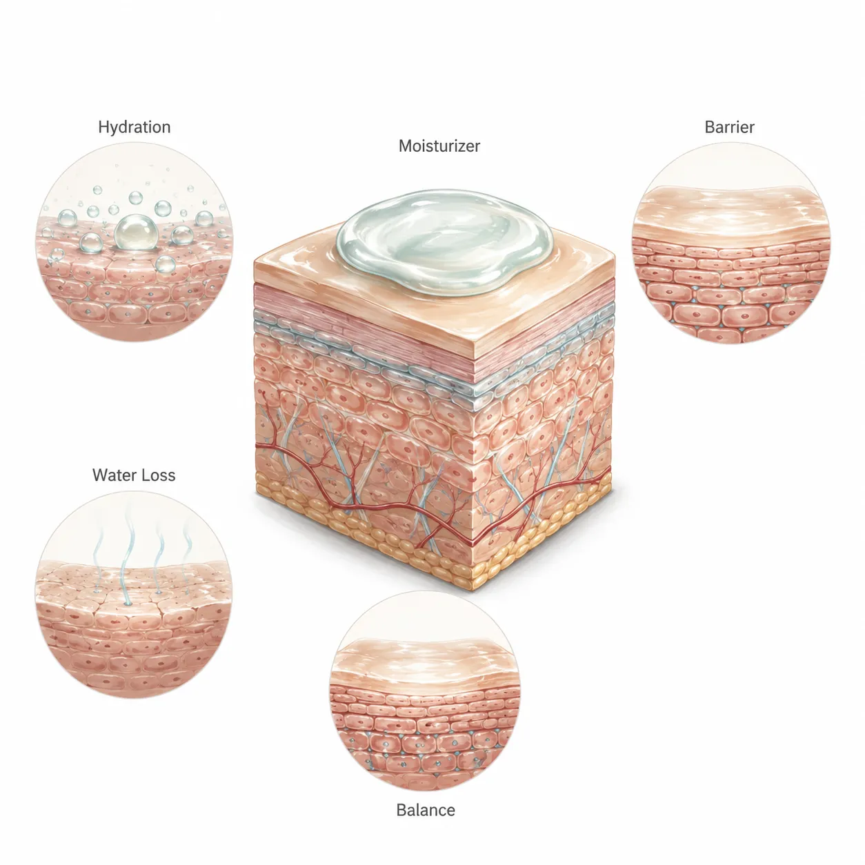 Diagram showing how moisturizer balances oily skin by preventing compensatory sebum production