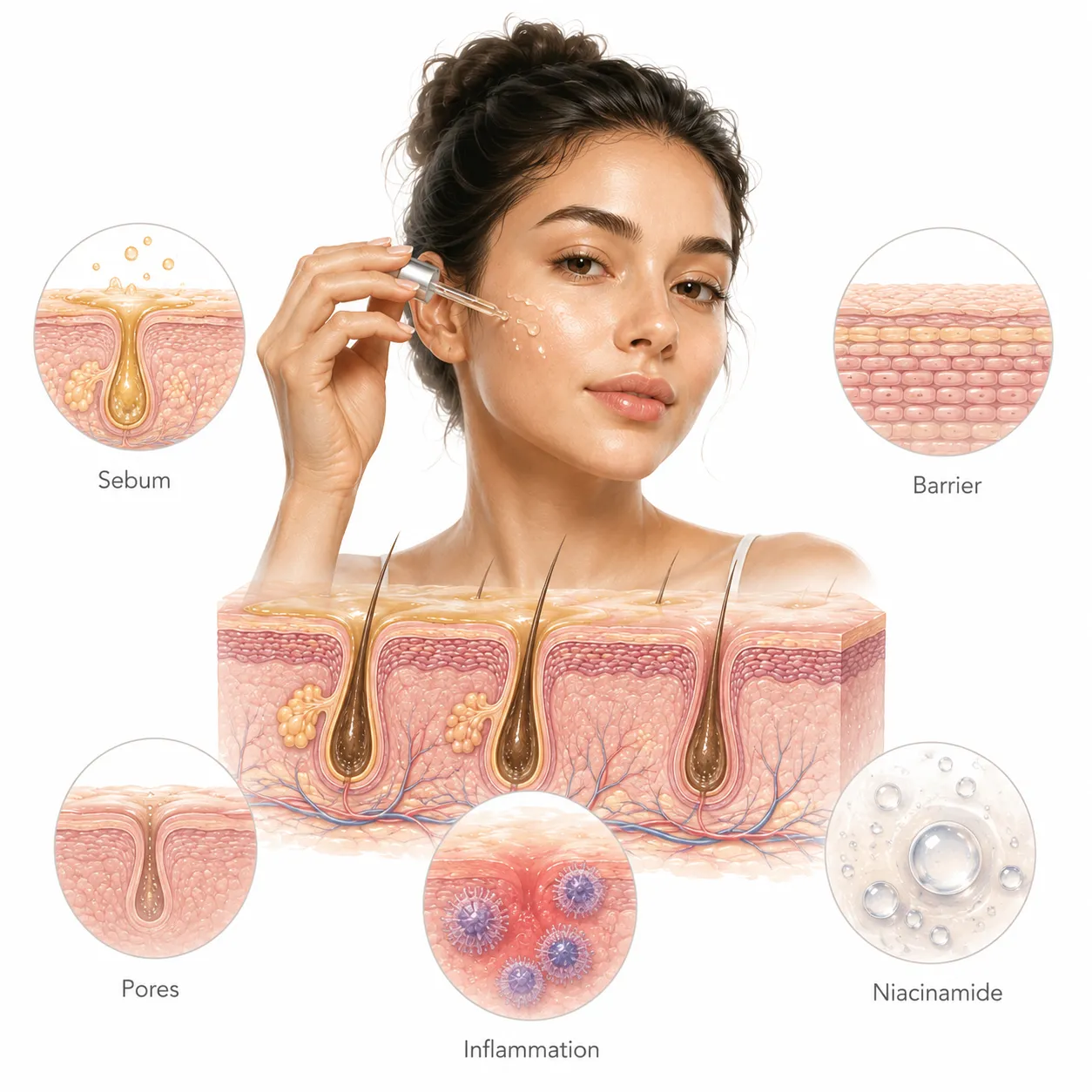 Diagram showing niacinamide regulating sebaceous gland activity and supporting barrier function