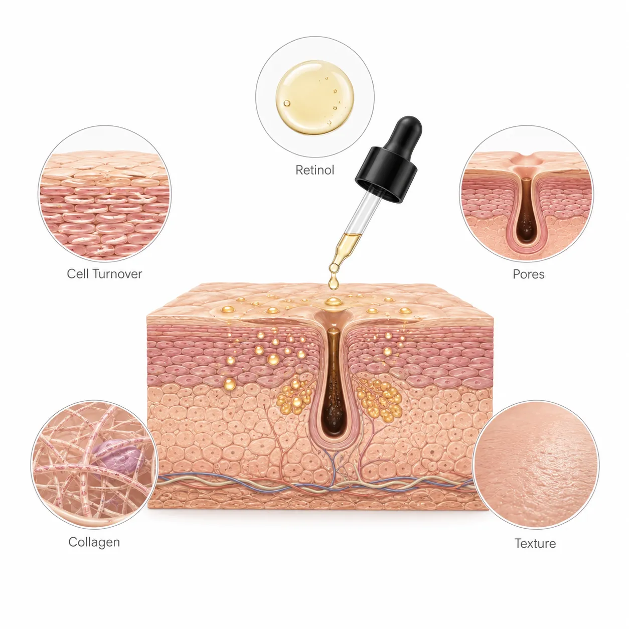 Diagram showing retinol accelerating cell turnover and unclogging pores in oily skin