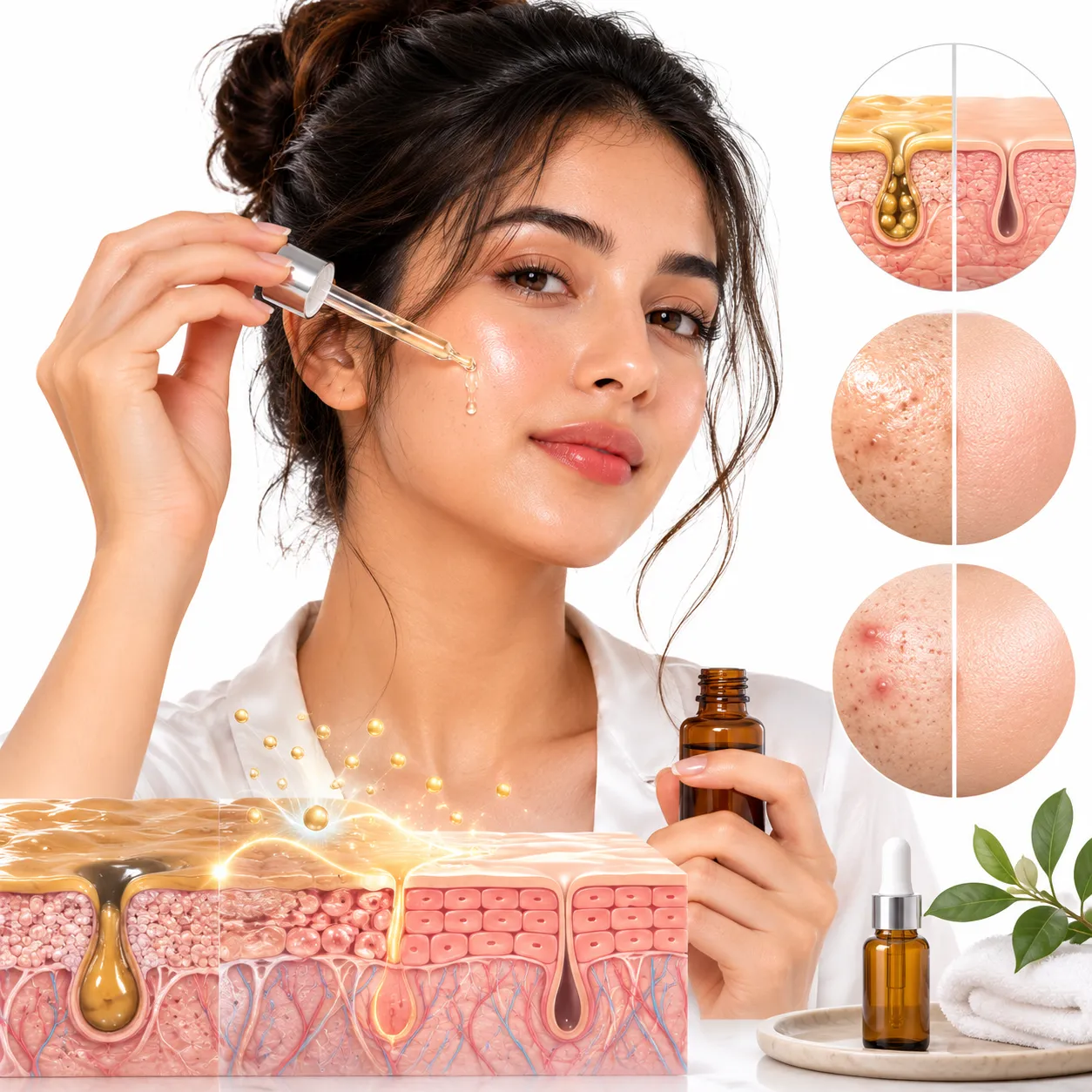 Retinol product beside clear, balanced oily skin