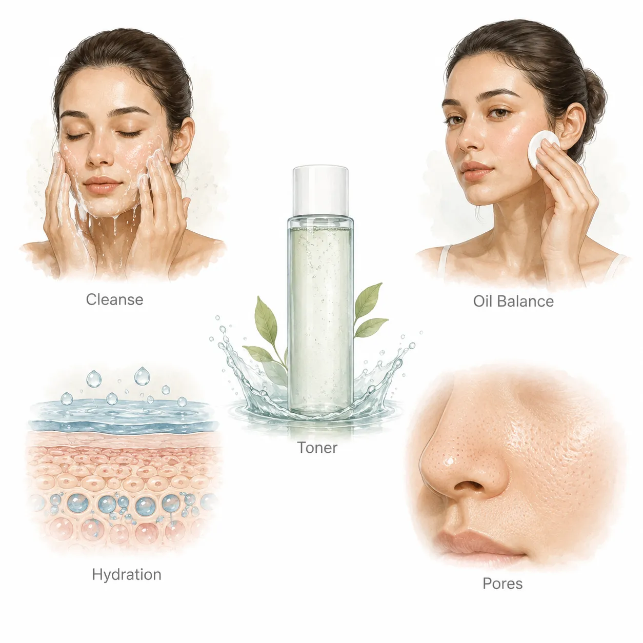 Diagram showing toner balancing the skin's pH and hydrating oily skin