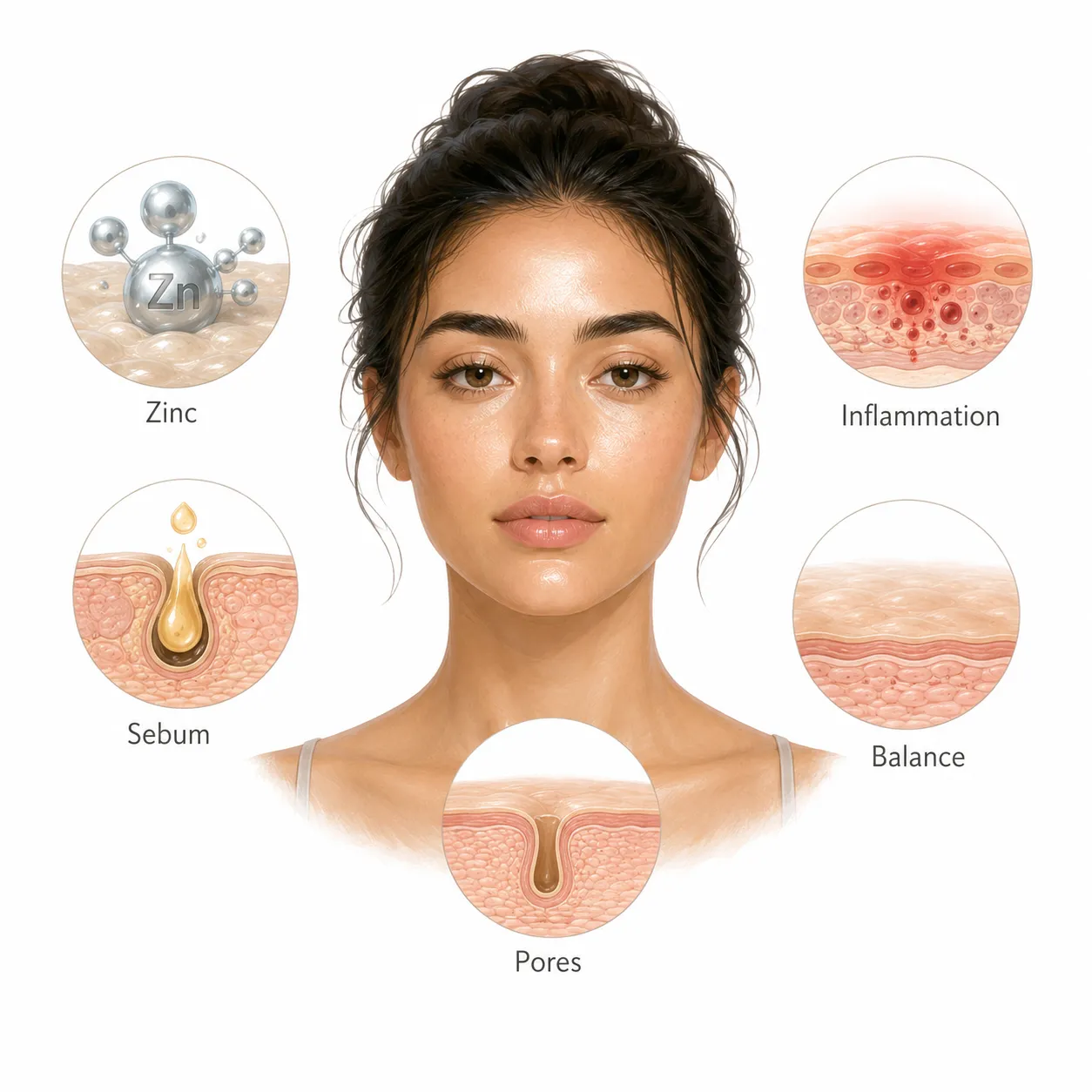 Diagram showing zinc regulating sebaceous gland activity and reducing inflammation