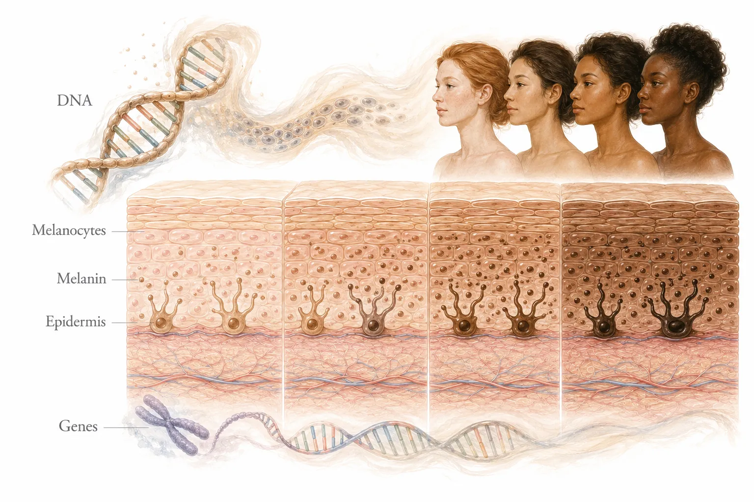 Diagram showing genes influencing melanin production