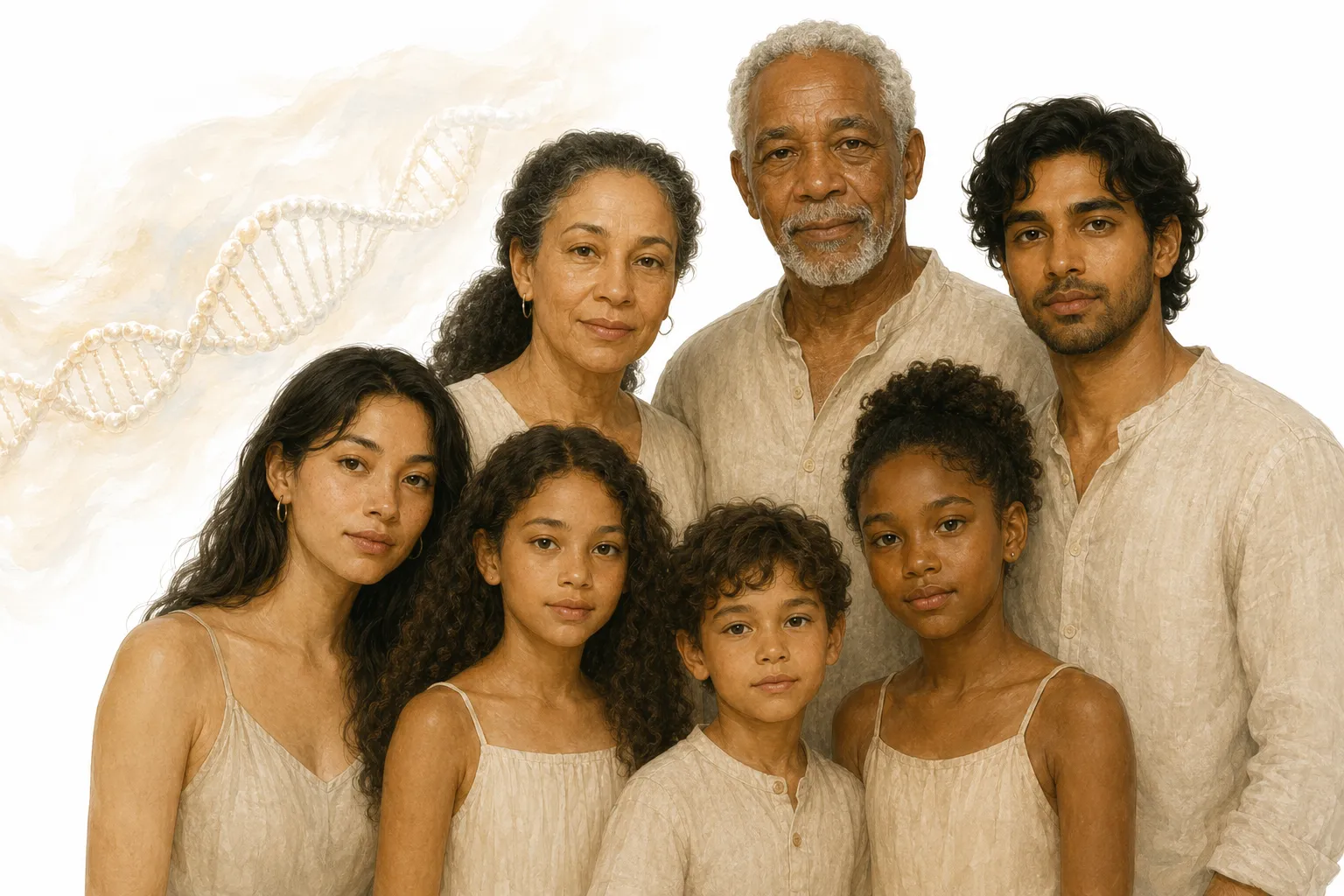 Illustration of DNA strands alongside a gradient of skin tones
