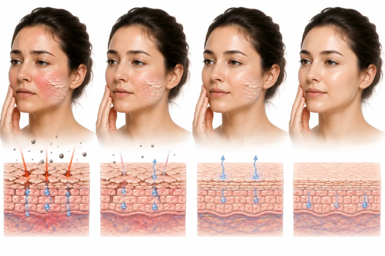 Barrier repair cream being applied to skin showing signs of repair