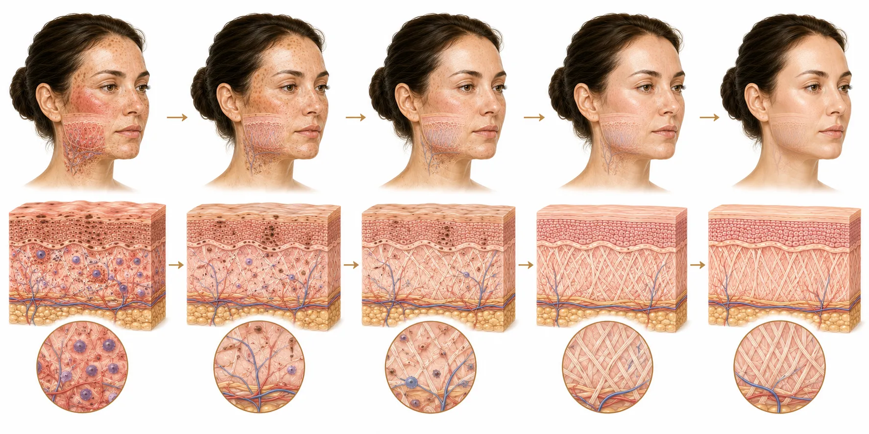 Timeline diagram showing the stages of healing for sun-damaged skin