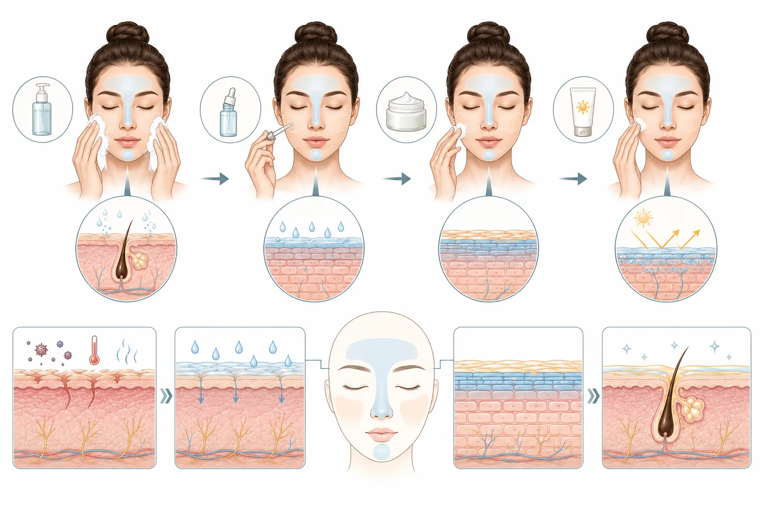 Diagram showing the sensitive combination skin routine: gentle cleansing, area-specific treatments, and barrier support