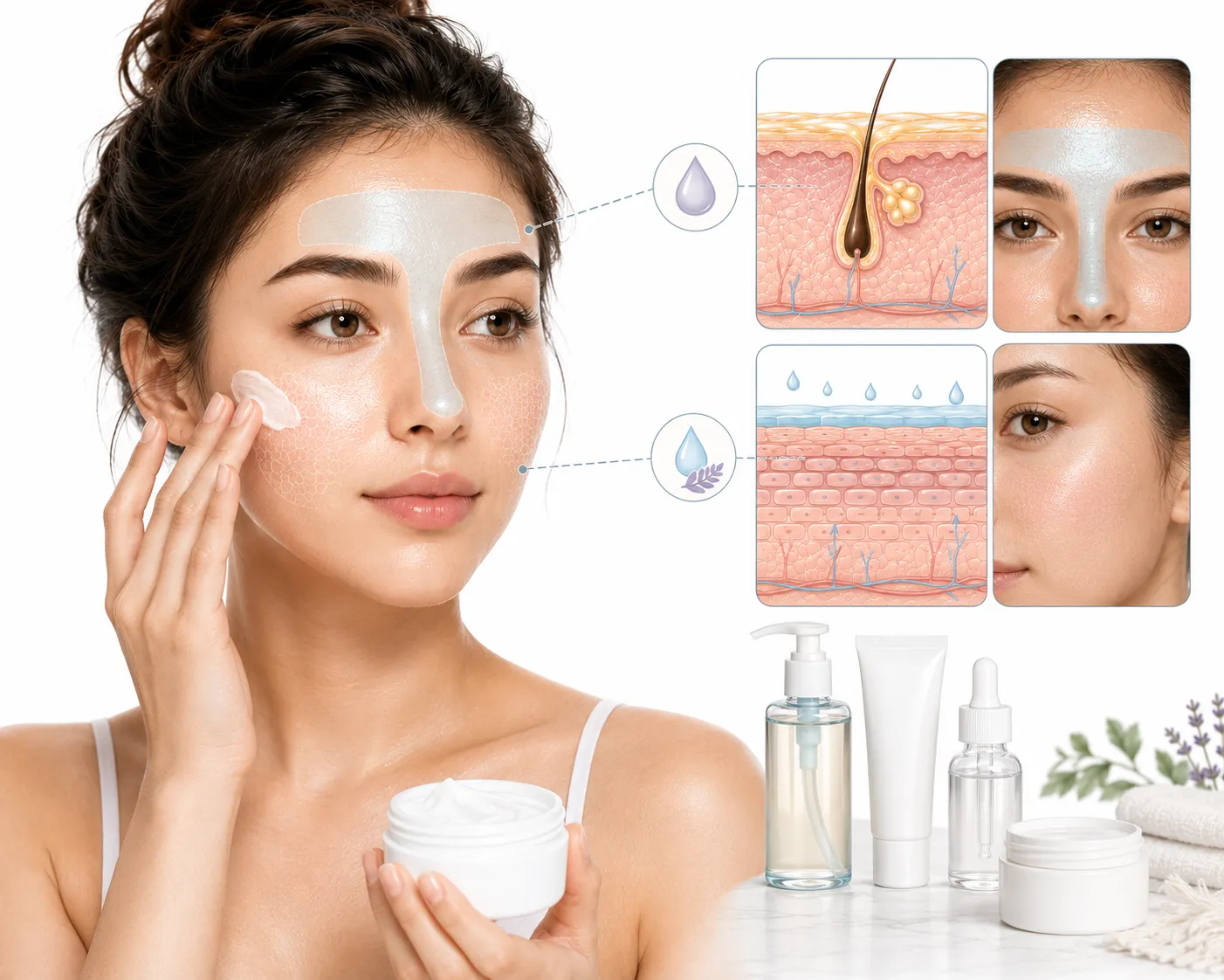 Person with sensitive combination skin following a gentle, balanced skincare routine