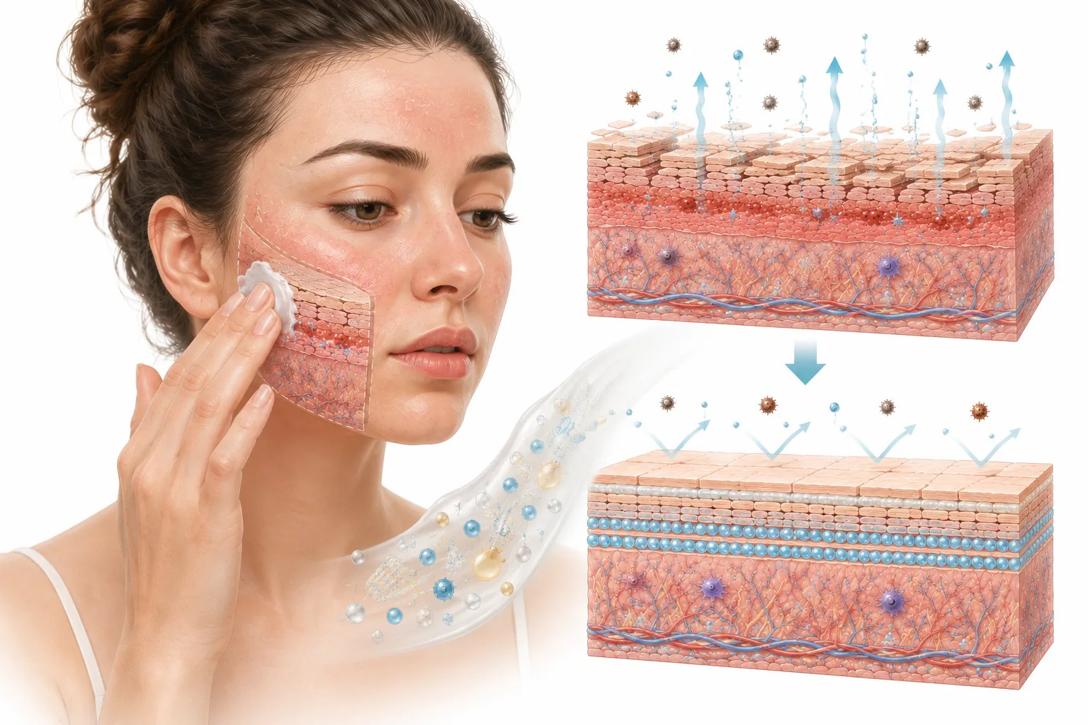 Damaged skin barrier before and after repair