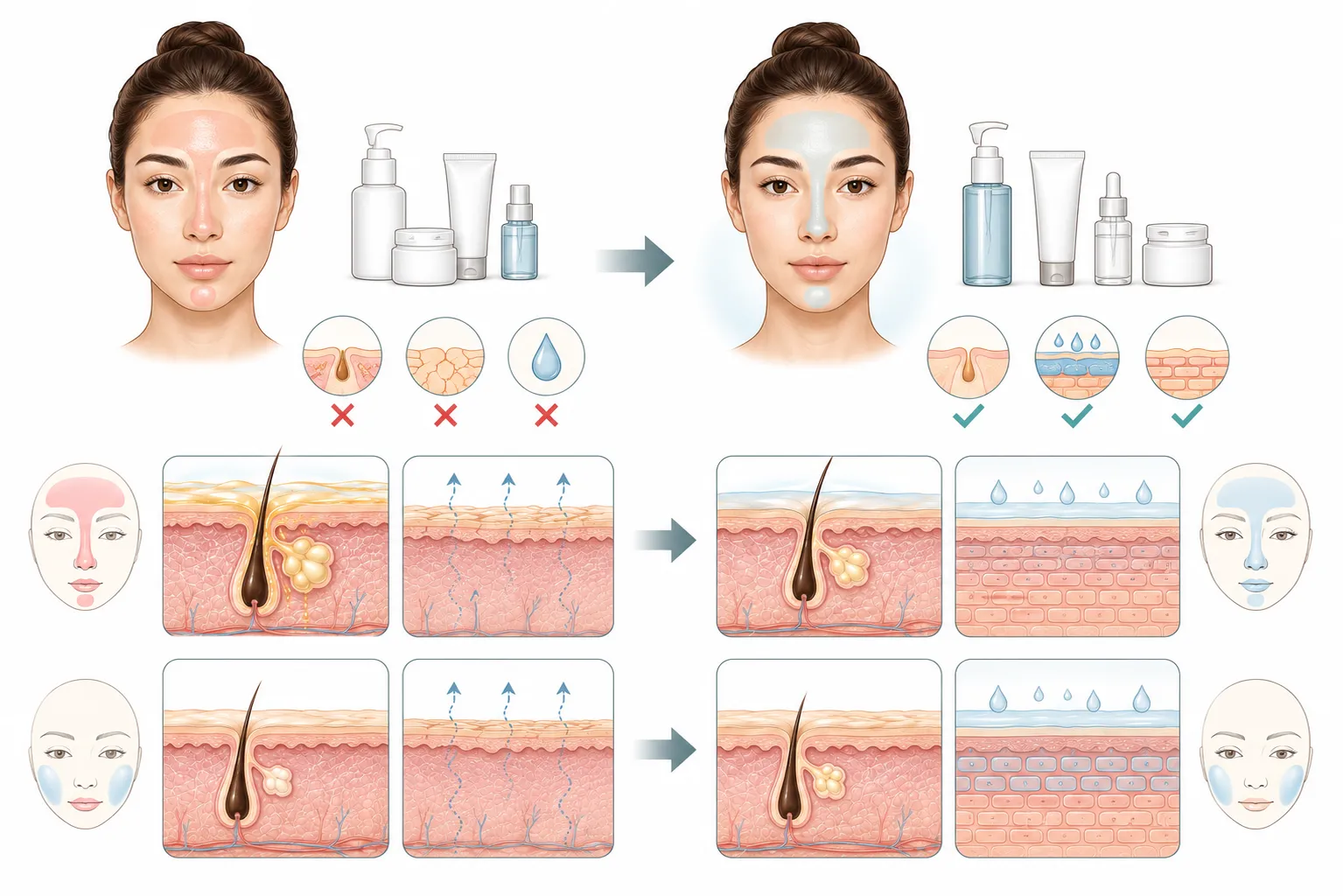 Diagram showing how to treat different zones of combination skin