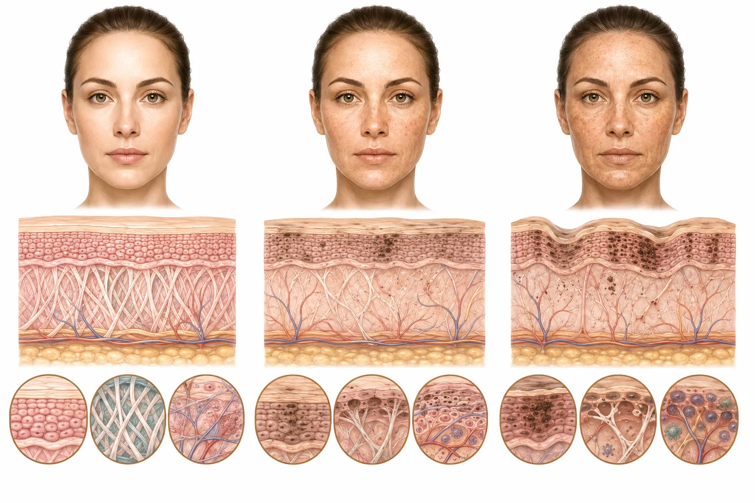 Diagram showing key areas to check for sun damage on the face and body