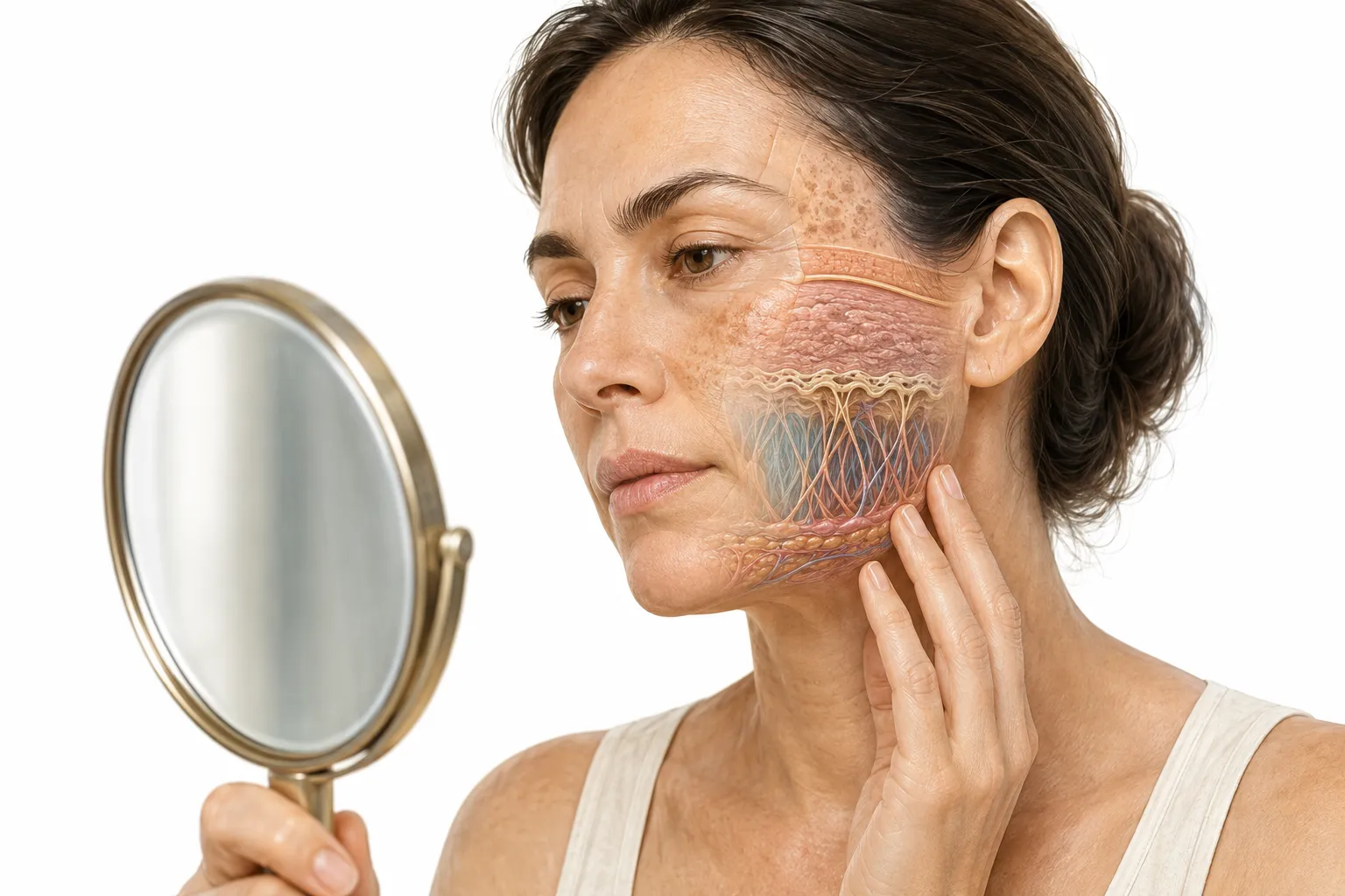 Person closely examining their skin for signs of sun damage