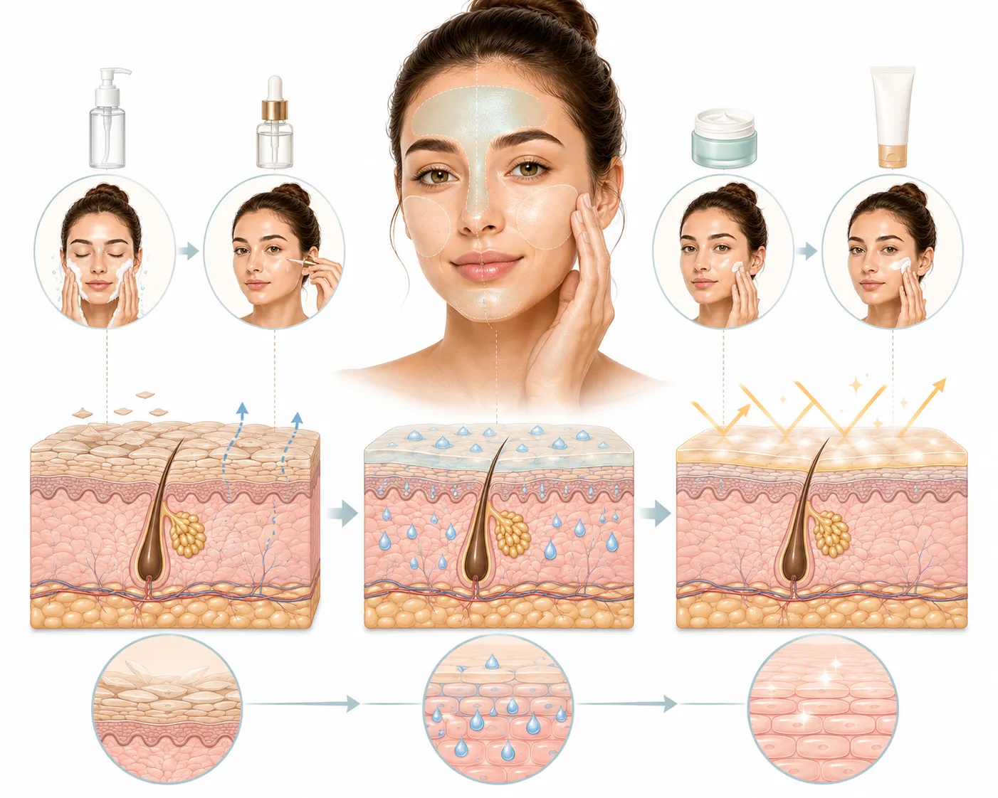 Diagram showing how to achieve glow on combination skin