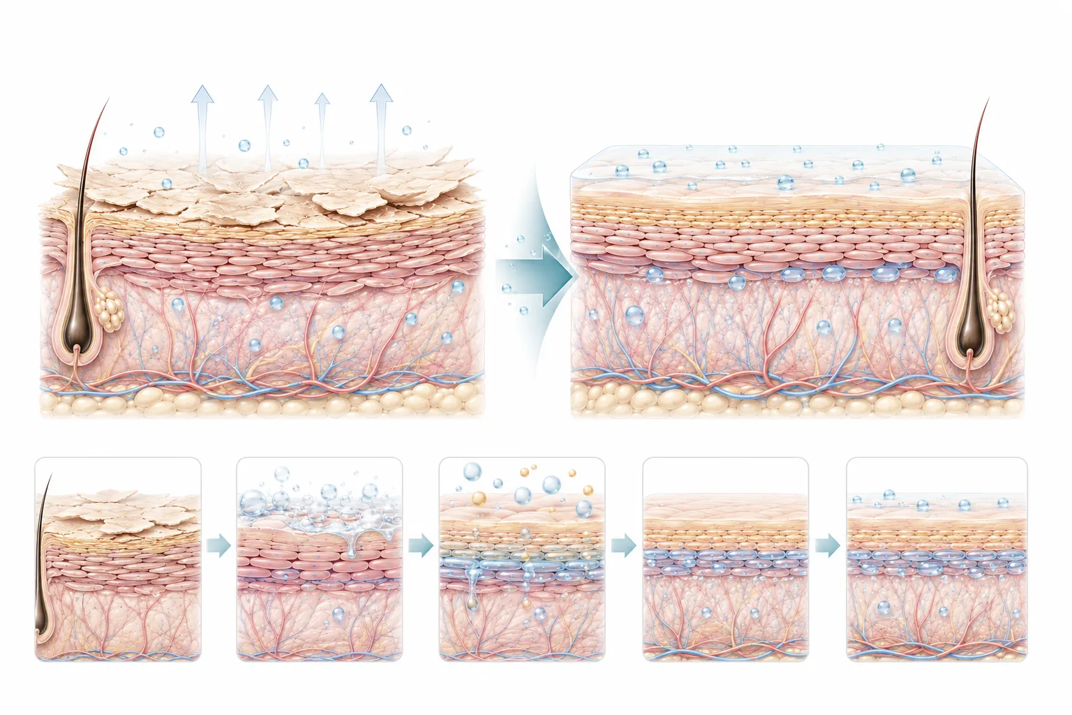 Diagram showing the transformation from dry to normal skin