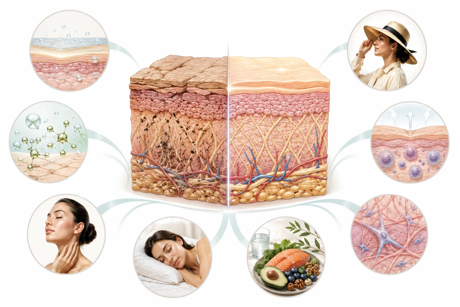 Diagram showing how antioxidants neutralize free radicals and support skin repair