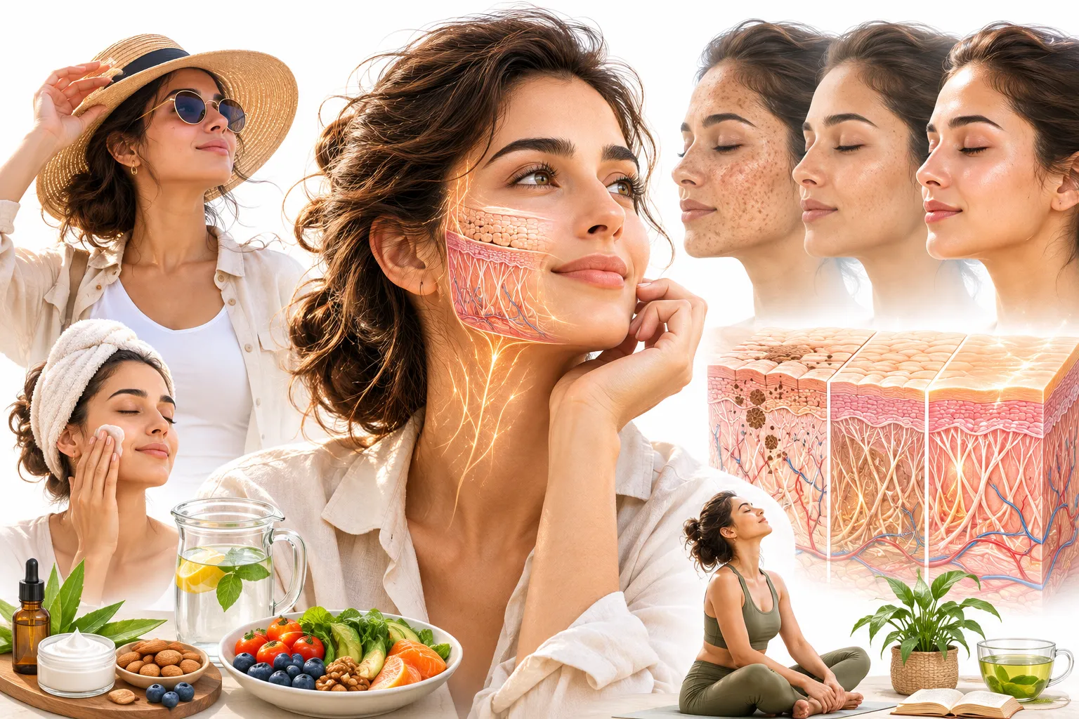 Person eating a healthy diet with antioxidant-rich foods and using natural skincare products