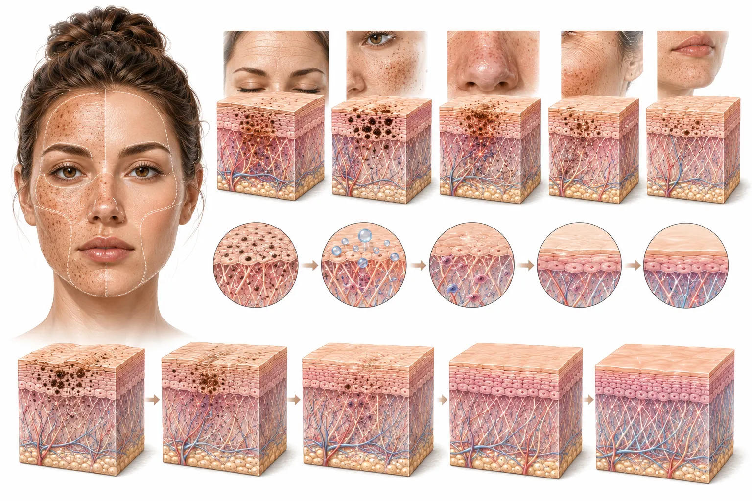 Diagram of the face showing common areas of sun damage and how treatments address them