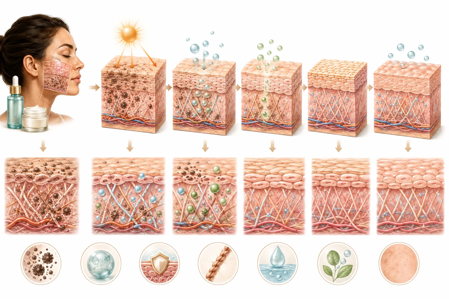 Diagram showing the layers of skin and how treatments like retinoids and vitamin C work to repair damage