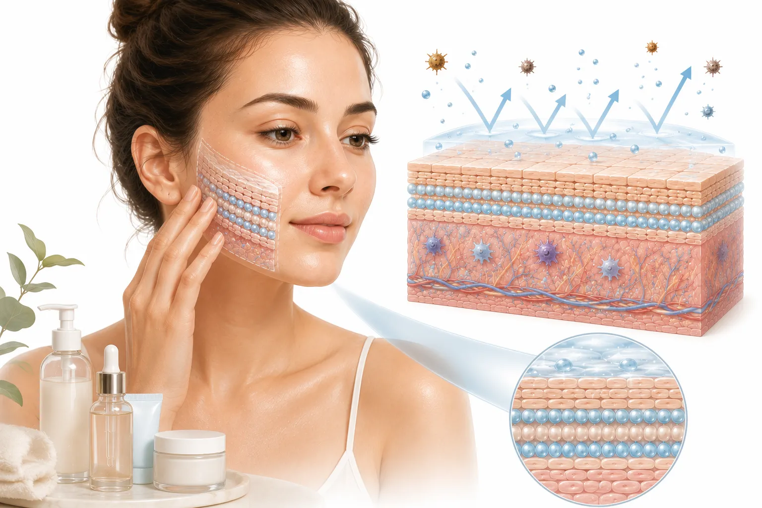 Barrier-strengthening skincare products arranged on a clean surface