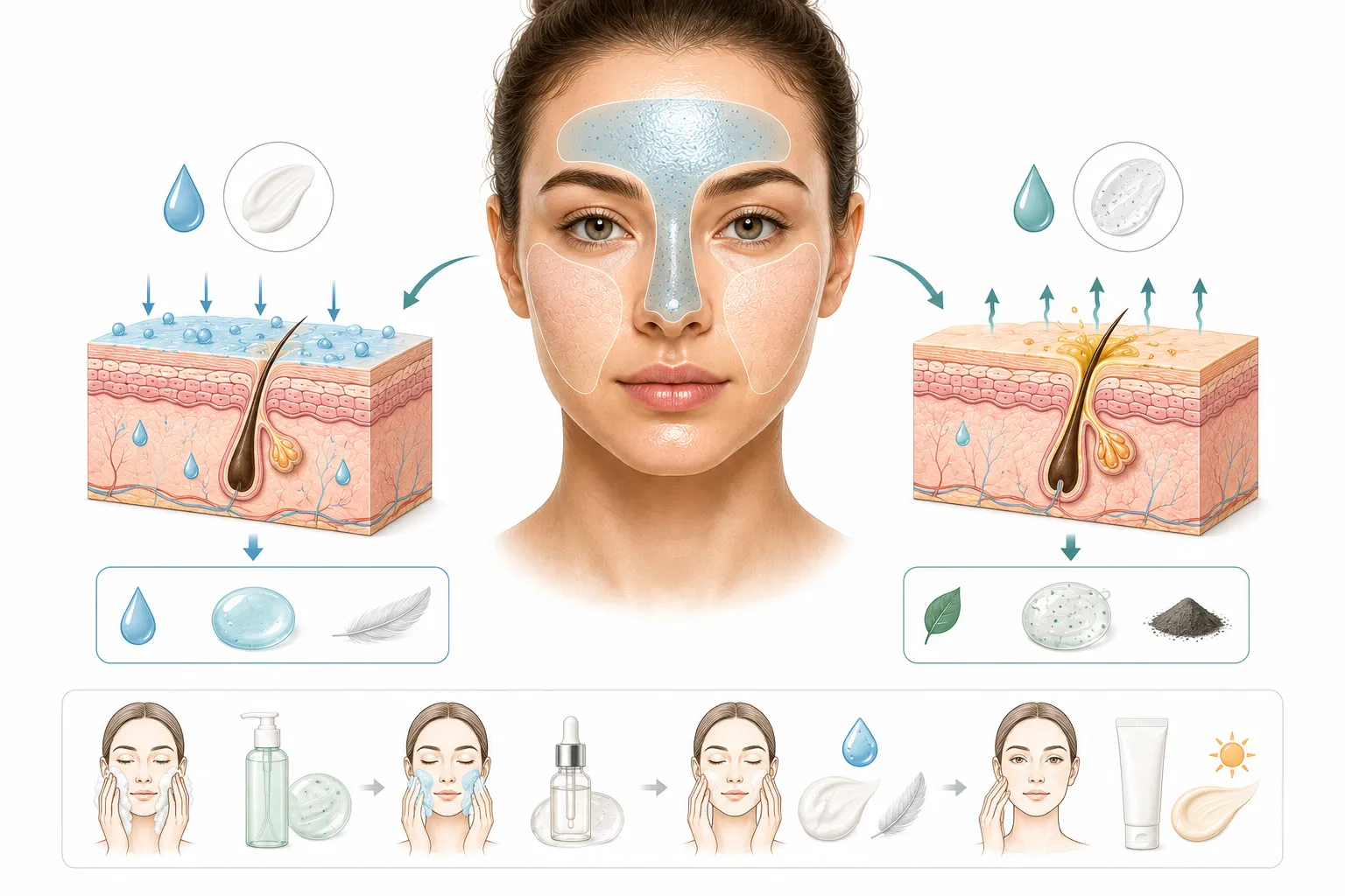 Diagram showing zone-specific skincare application for combination skin