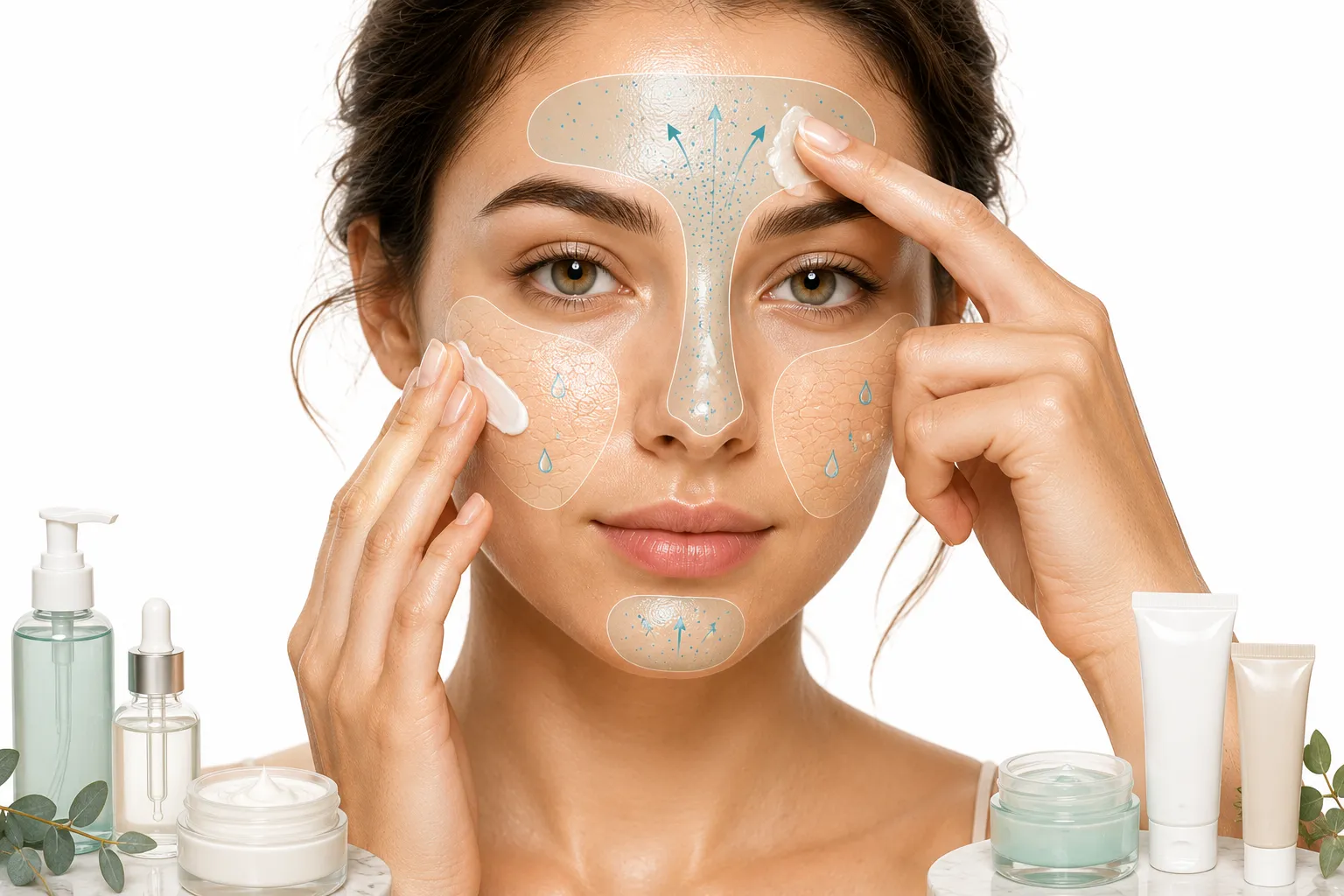 Skincare products for combination skin arranged by zone