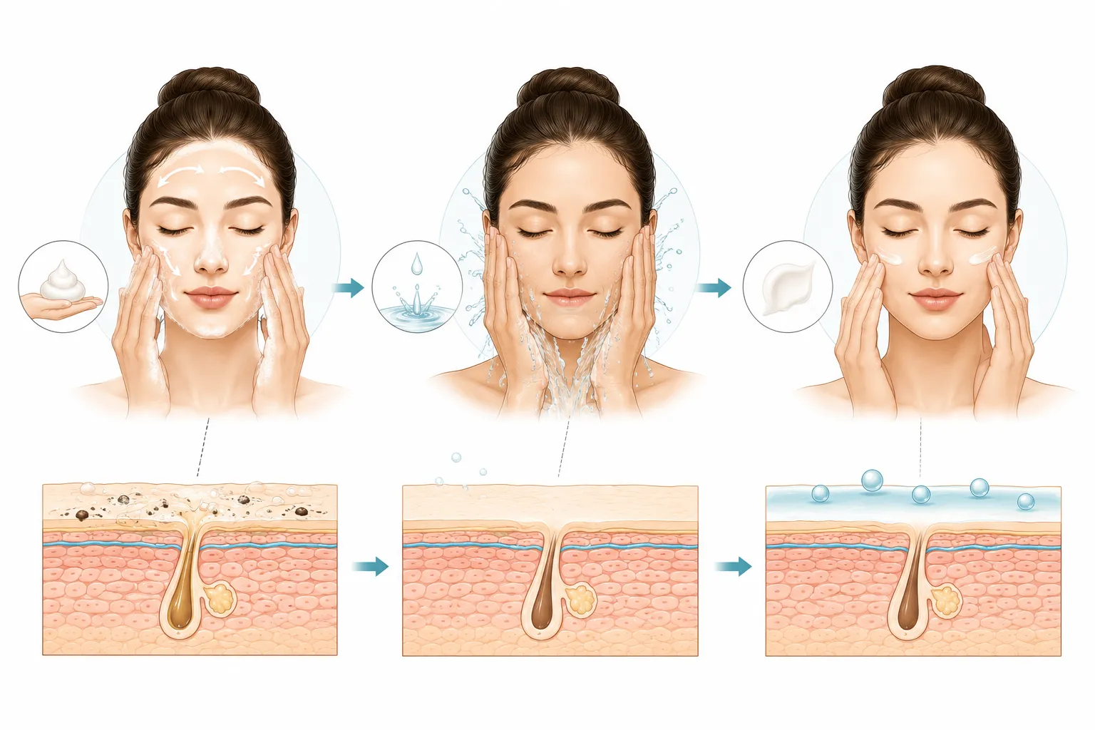 Diagram showing face washing technique for combination skin