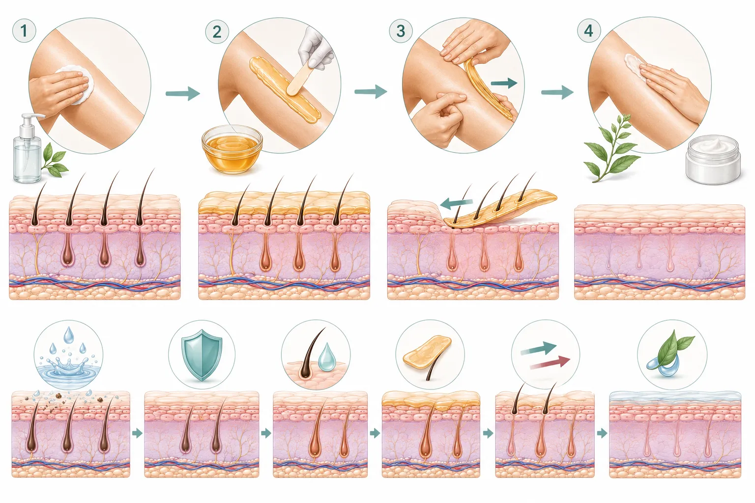 Diagram showing pre-wax preparation and post-wax care for sensitive skin