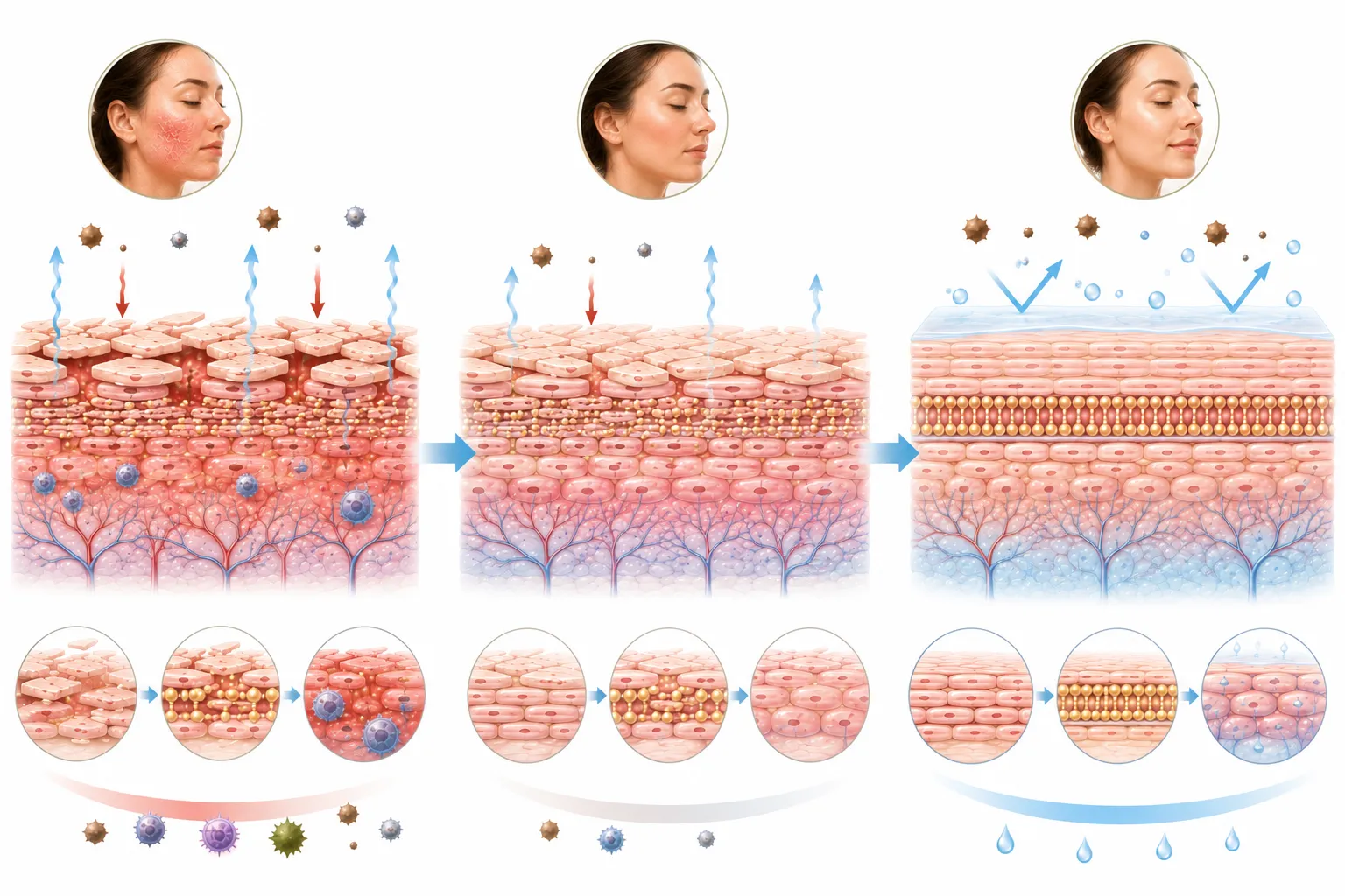 Diagram showing damaged skin barrier healing and restoring over time