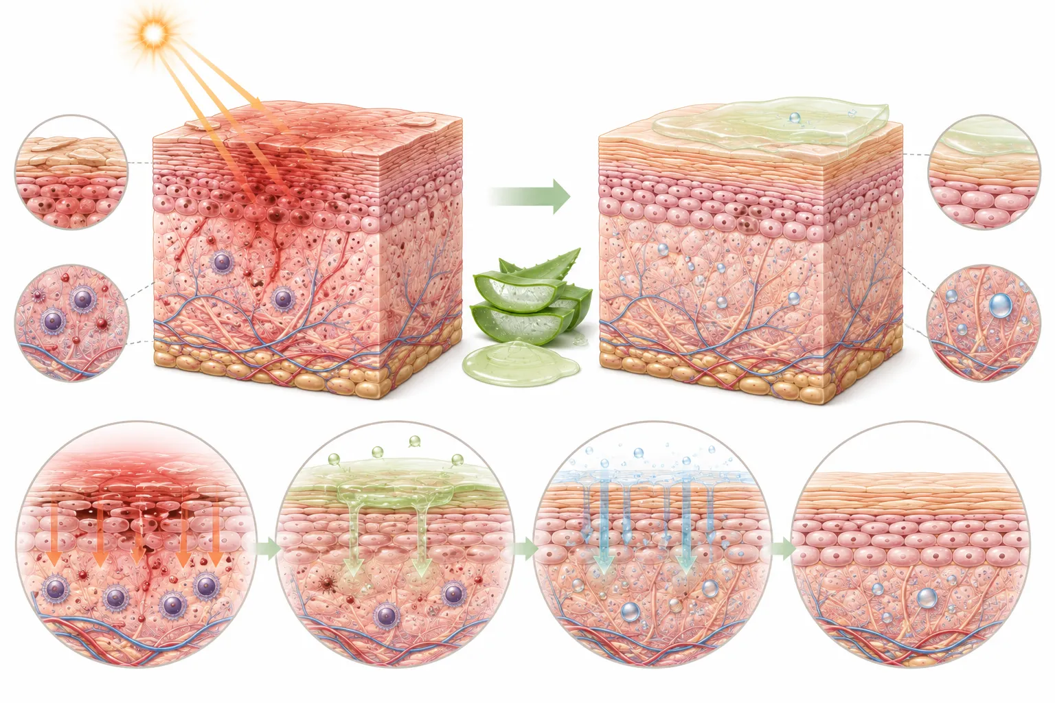 Diagram of aloe vera soothing and hydrating the skin barrier