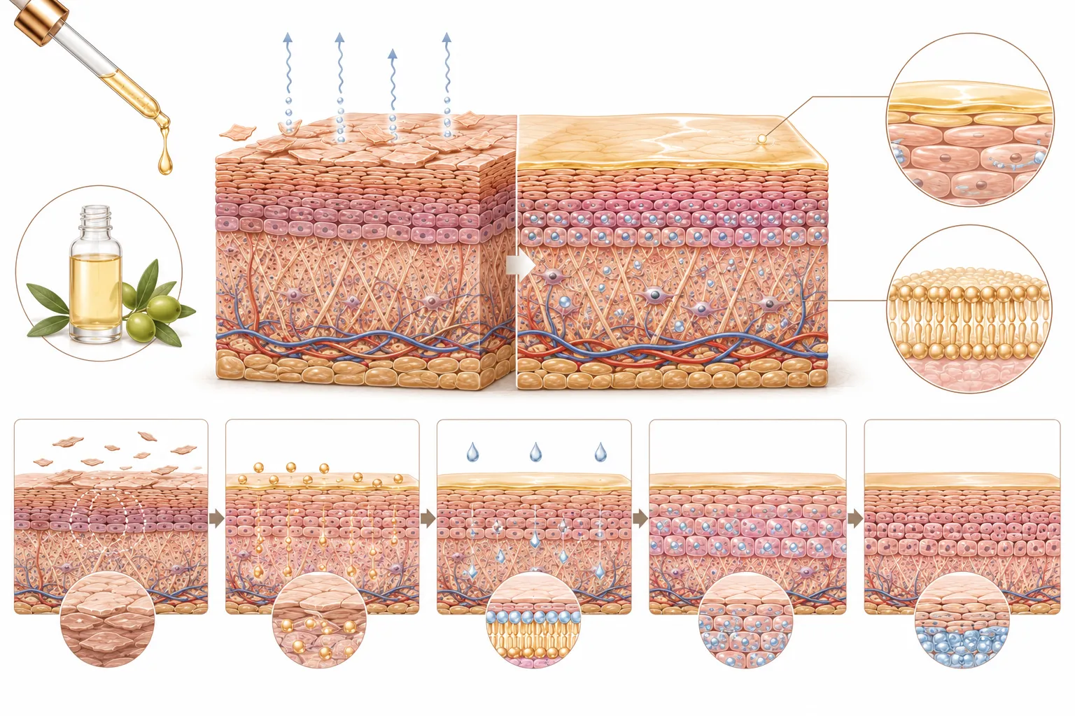 Diagram of moisturizing oil forming a protective layer over the skin surface