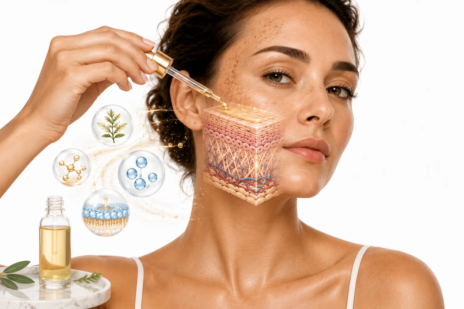 Bio-Oil bottle beside skin with visible sun damage and uneven tone