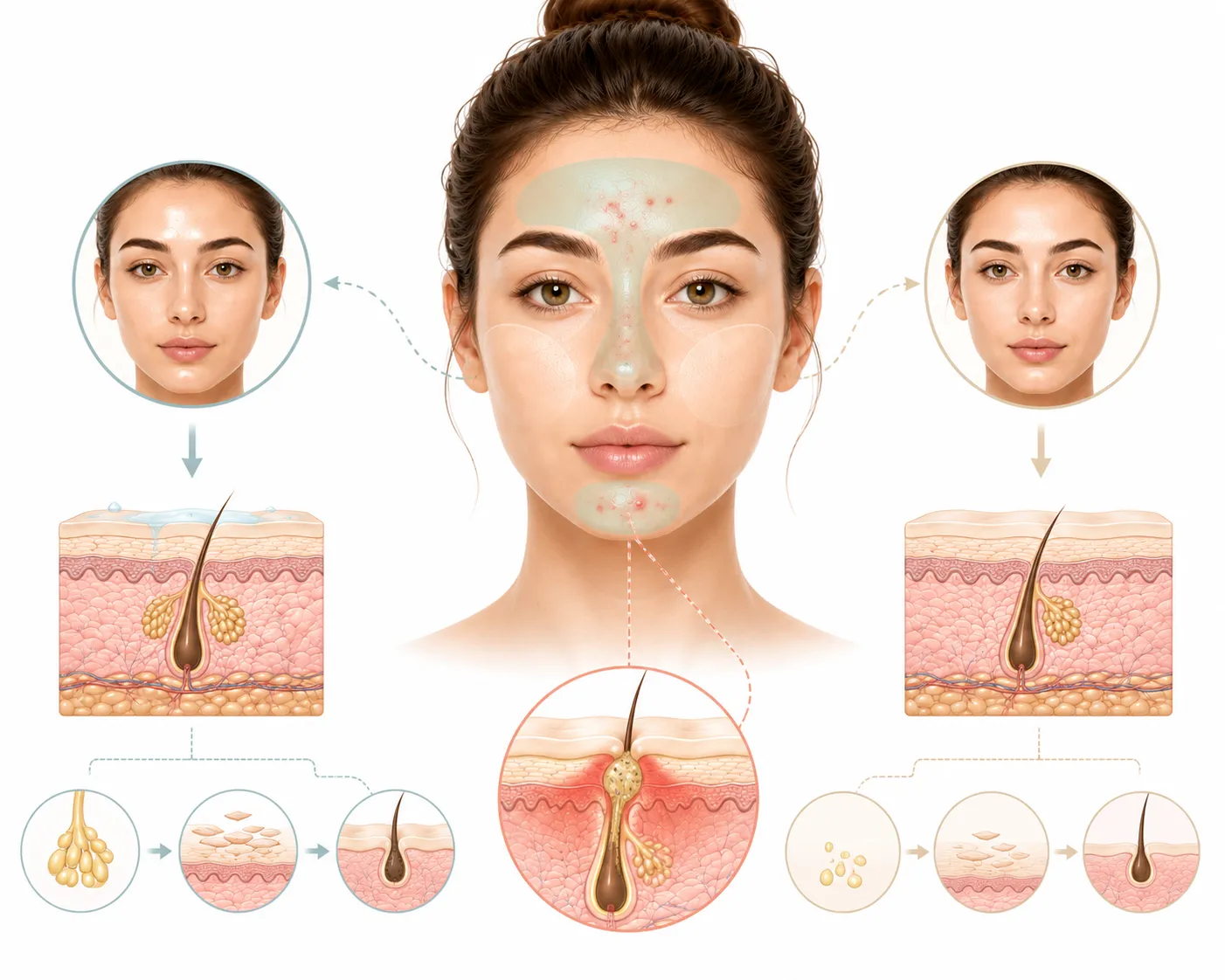 Diagram of combination skin showing oily T-zone and dry cheeks with acne patterns