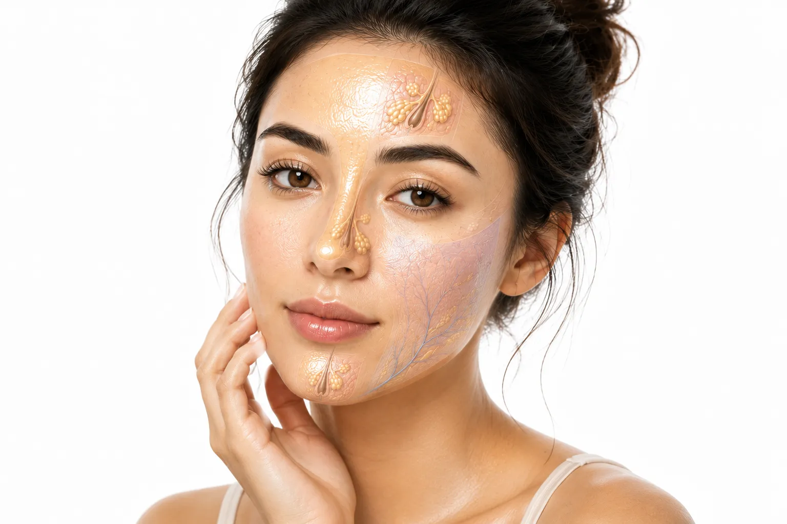 Balanced combination skin showing both oily T-zone and dry cheeks