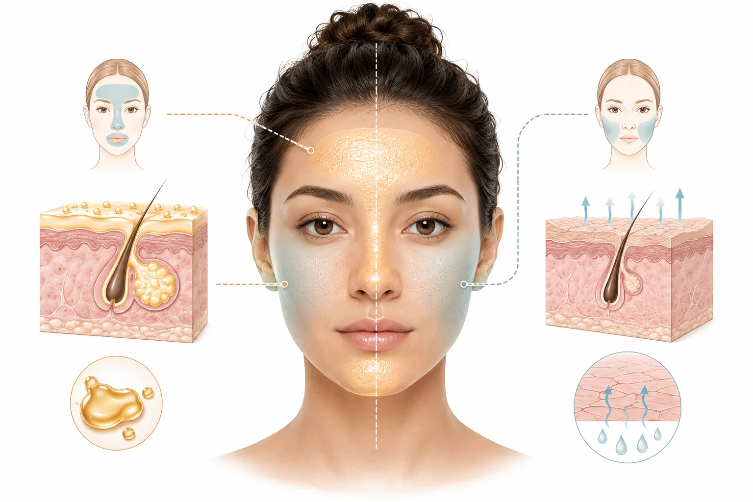Diagram of combination skin showing both oily and dry characteristics