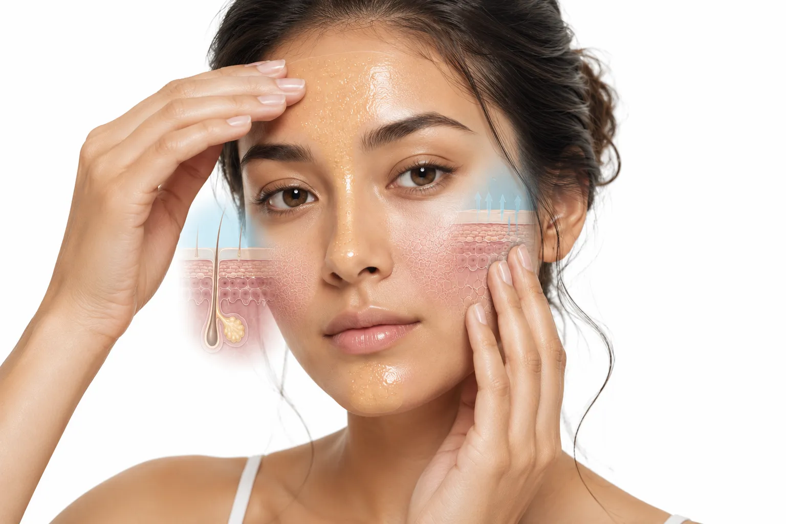 Combination skin showing oily T-zone and dry cheeks together