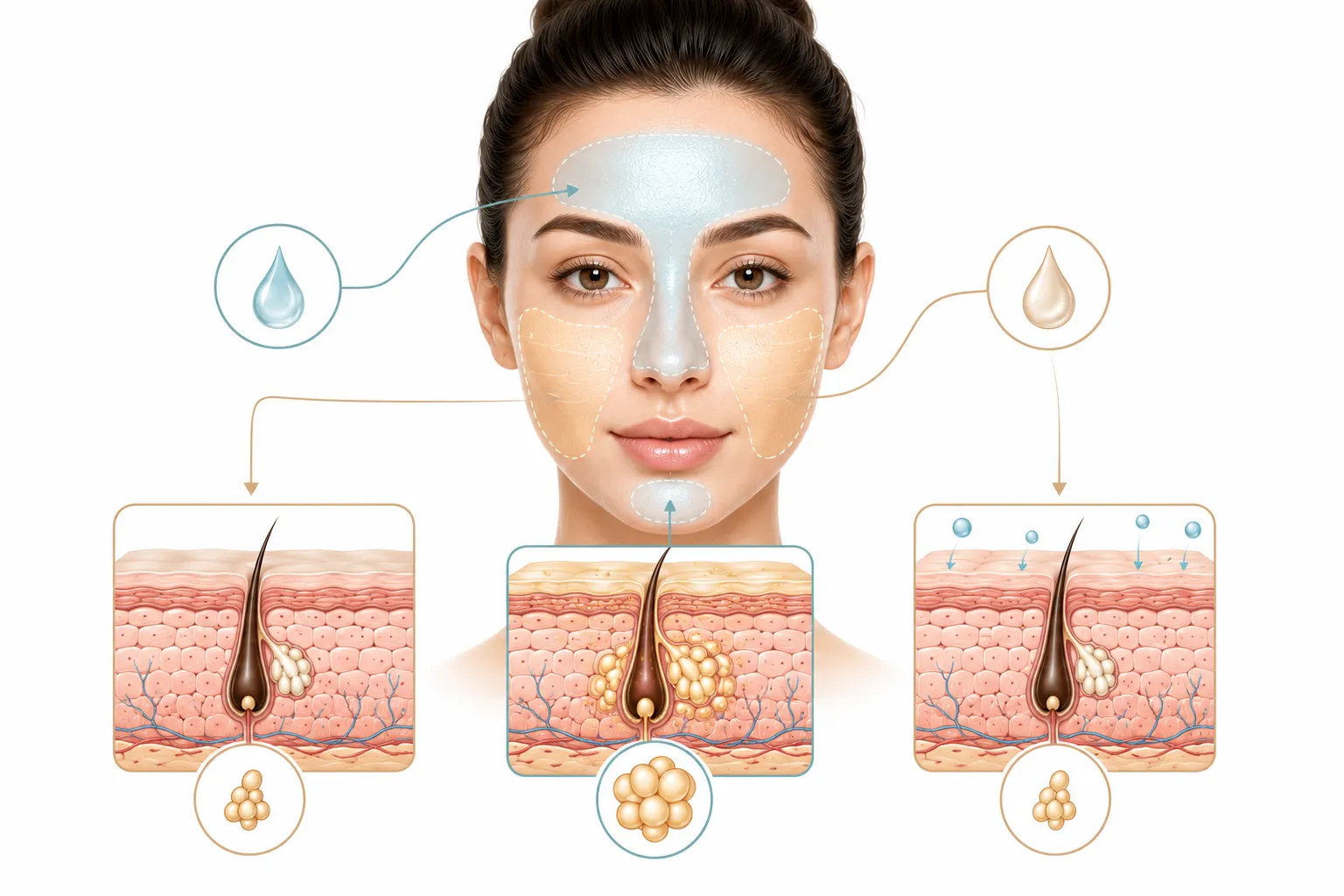Diagram comparing combination skin with oily skin across the face