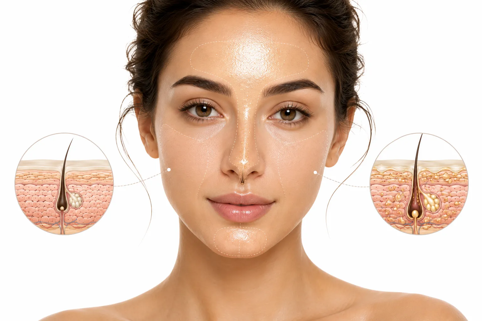 Combination skin showing oily T-zone and dry cheeks