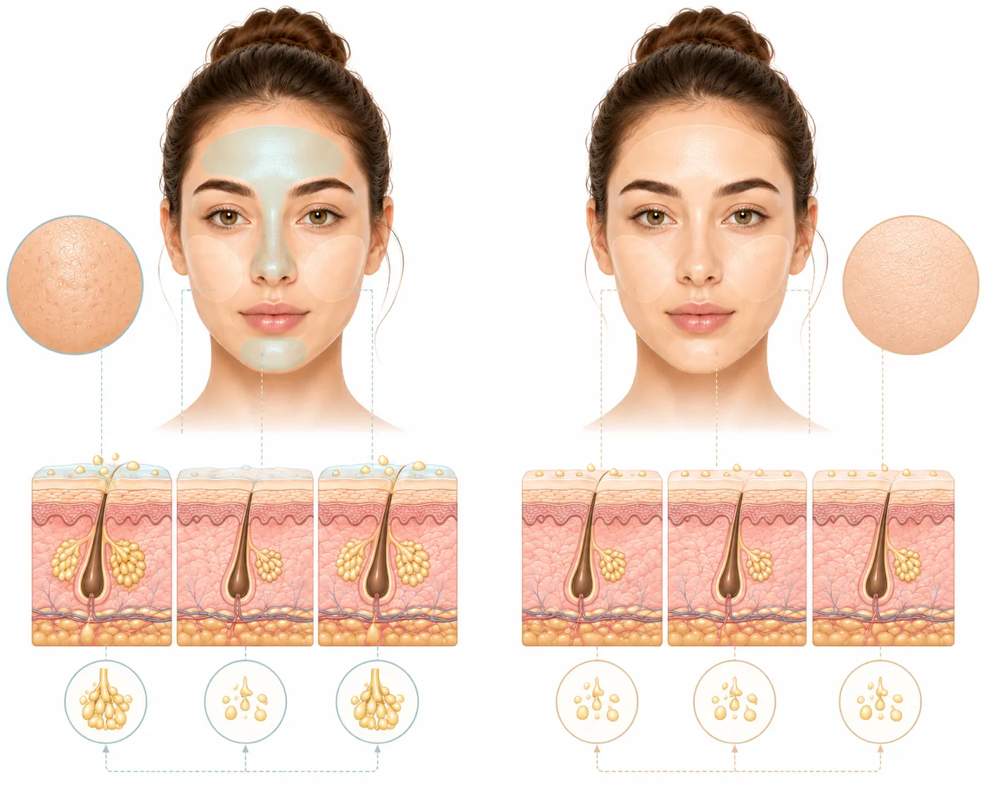 Diagram comparing normal skin (balanced) with combination skin (oily T-zone, dry cheeks)