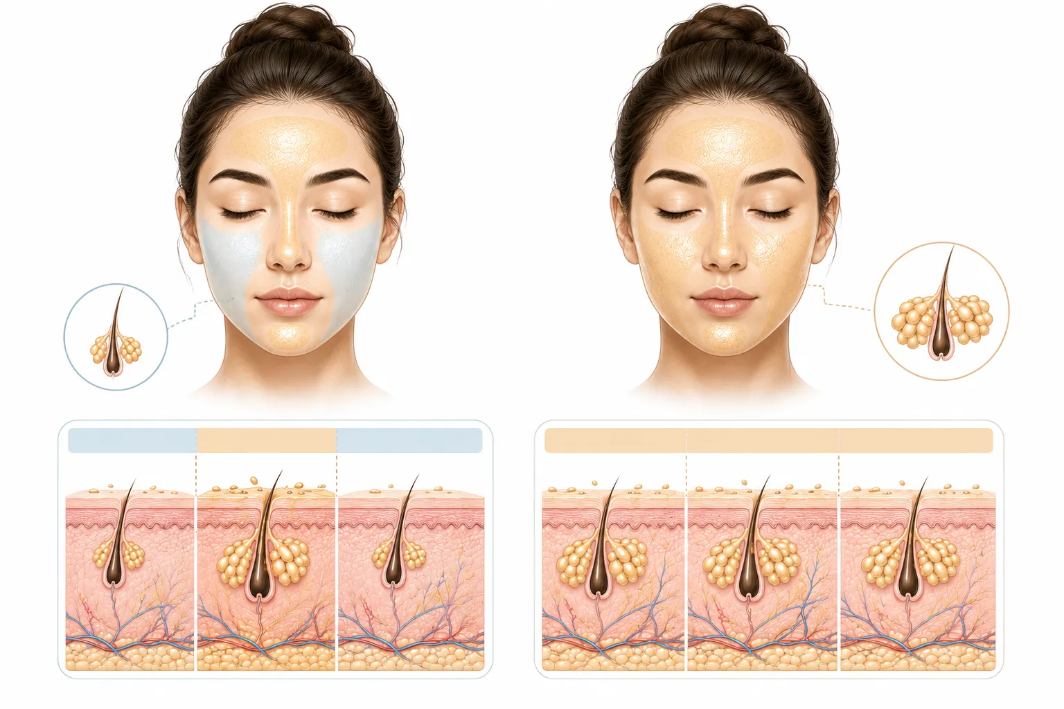 Diagram comparing oily skin (oily everywhere) with combination skin (oily T-zone only)