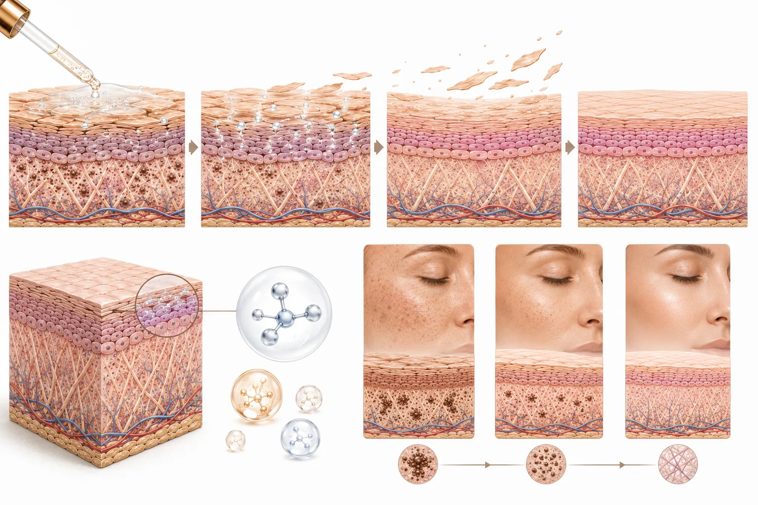 Diagram of glycolic acid dissolving bonds between dead skin cells on the surface