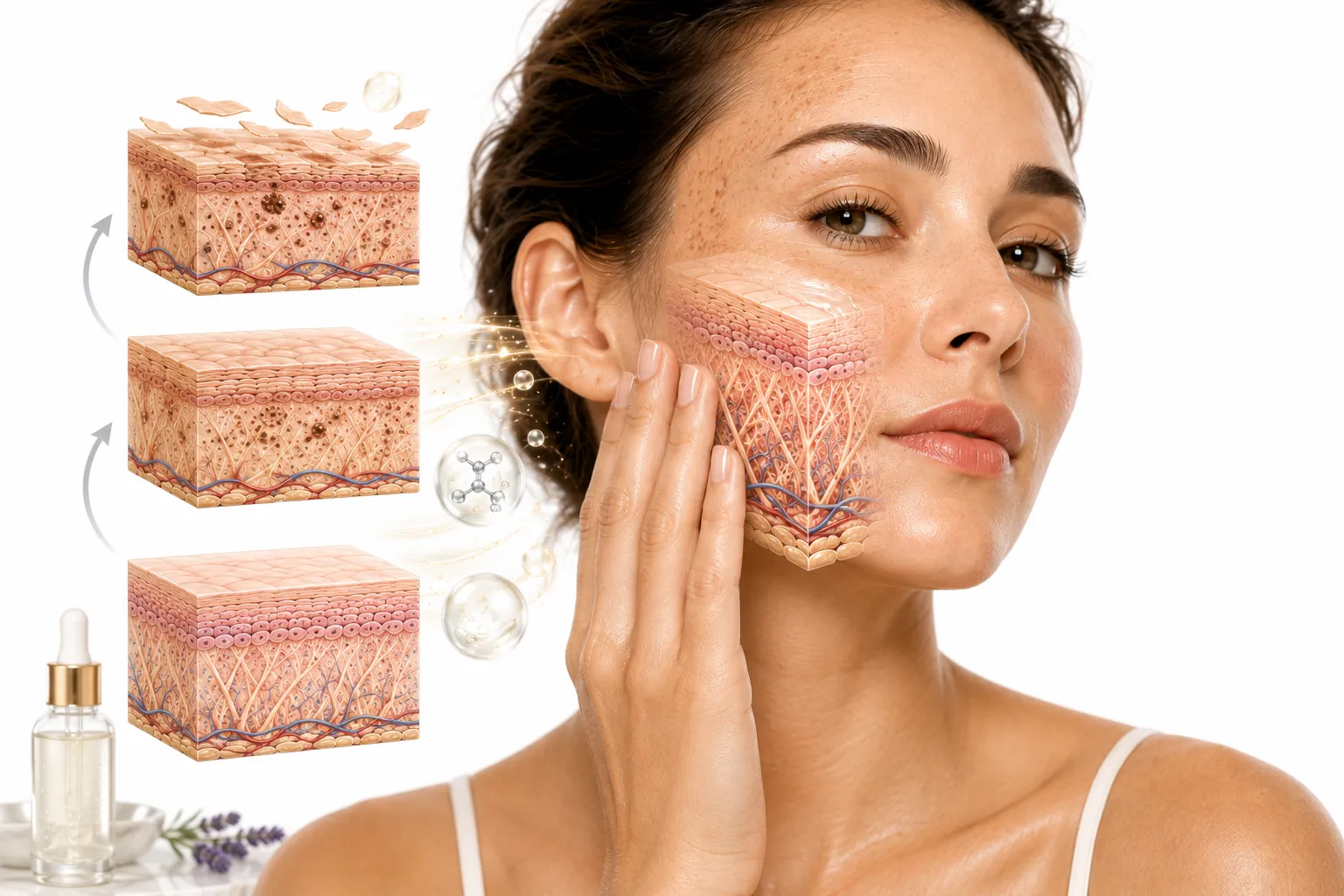 Glycolic acid toner bottle beside skin with rough, sun-damaged texture